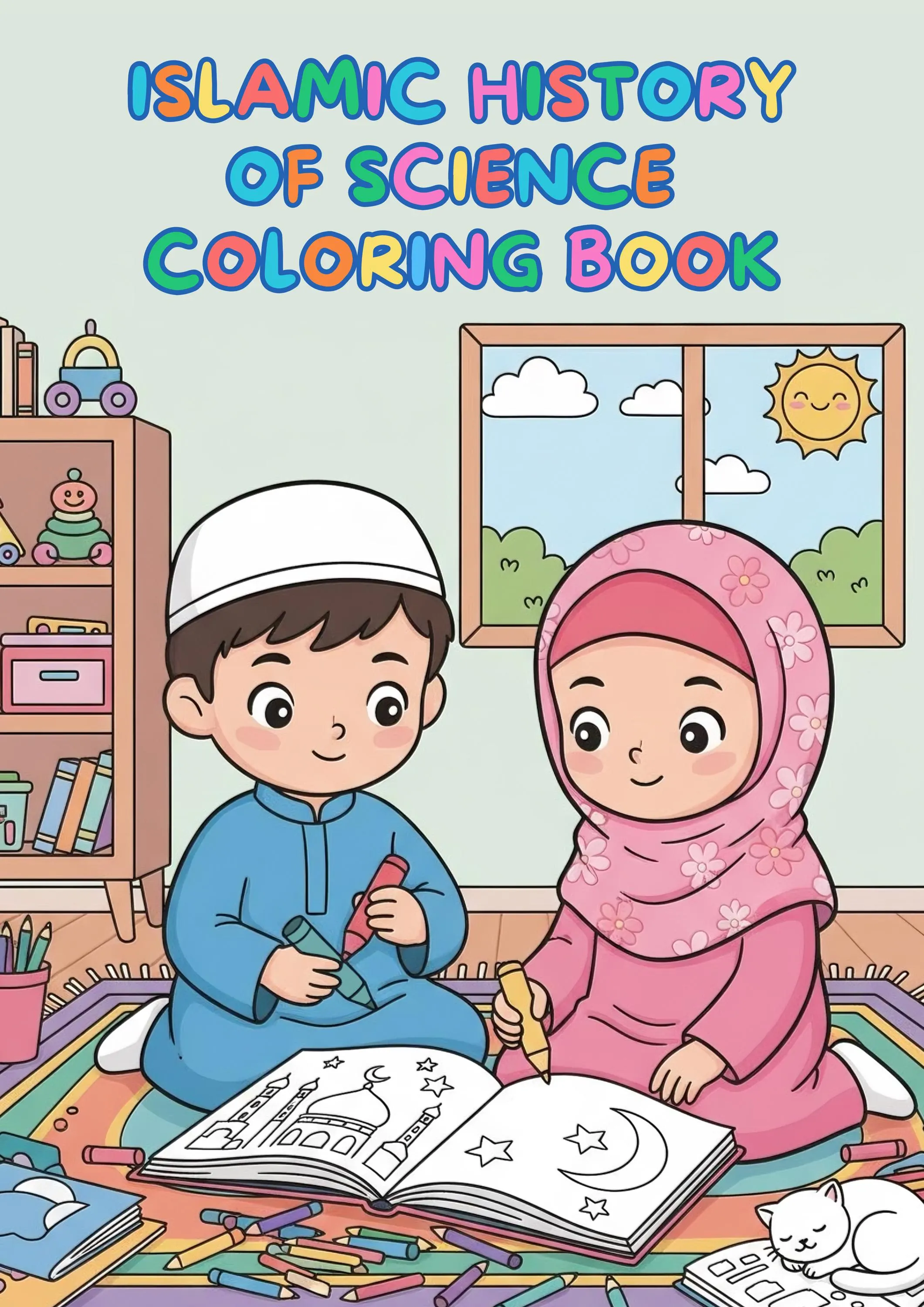 May include: A colorful illustration of a coloring book titled "Islamic History of Science Coloring Book." Two children are depicted coloring, one in blue and the other in pink, with crayons. The scene includes a window, a sun, and a bookshelf.