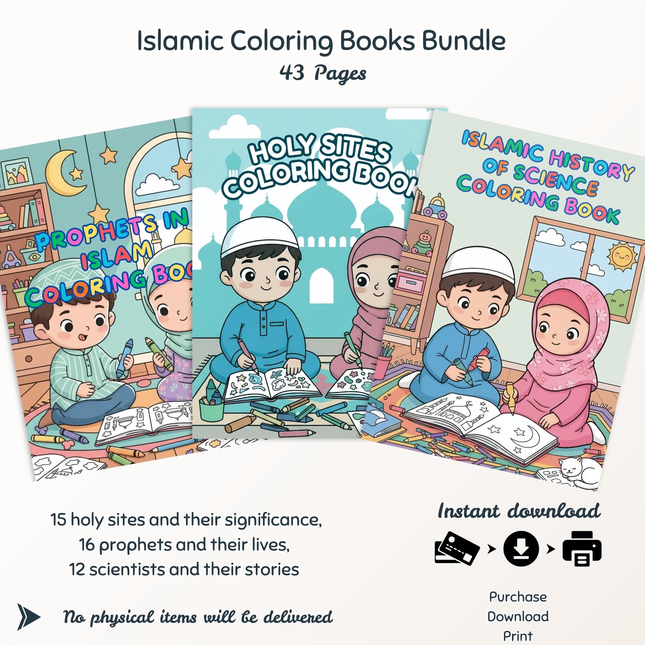 Bundle | Educational Islamic Coloring Books for Kids, 43 Pages PDF | Holy Sites, Scientists in Islam, Prophets