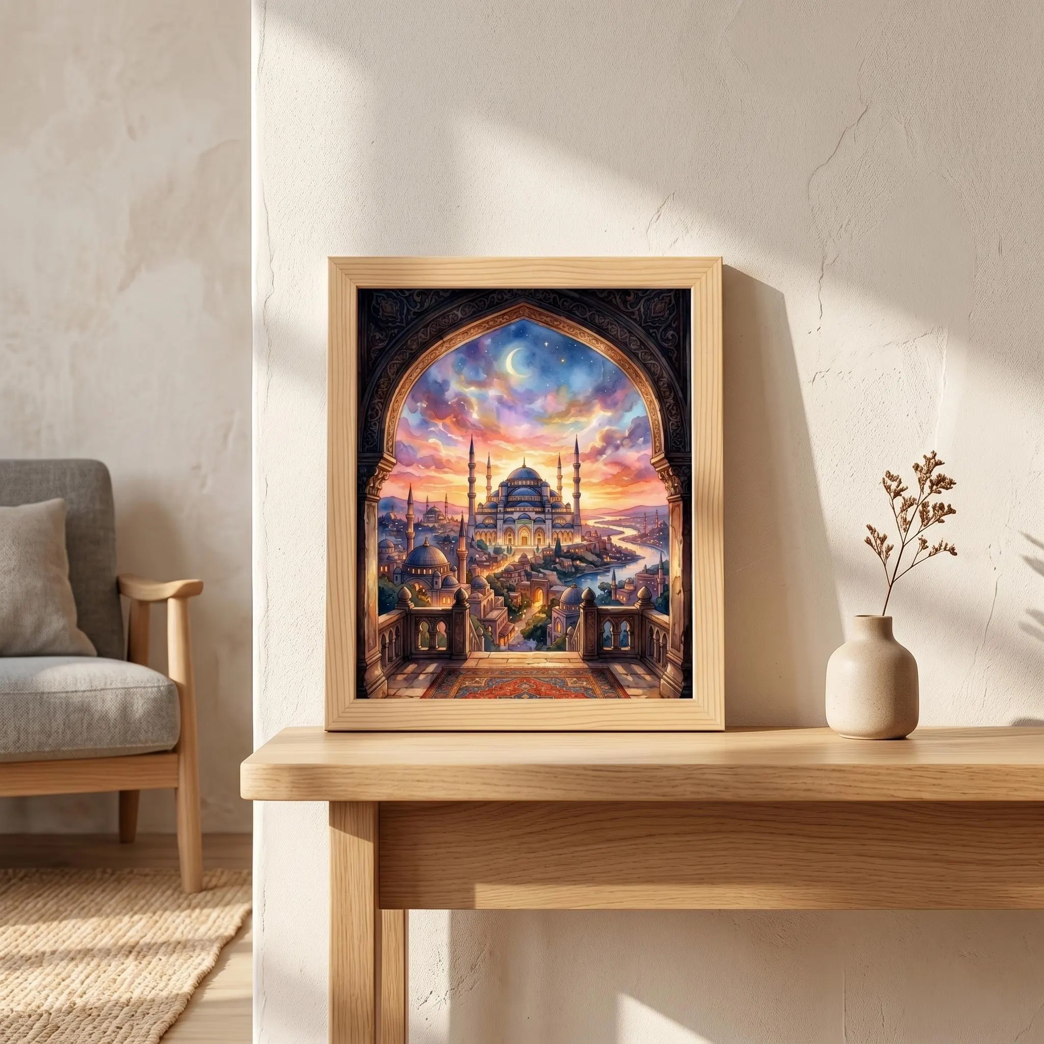 Printable Watercolor Mosque Arch Sunset Fantasy Wall Art, Islamic Decoration, Arabic Balcony Architecture - image 4