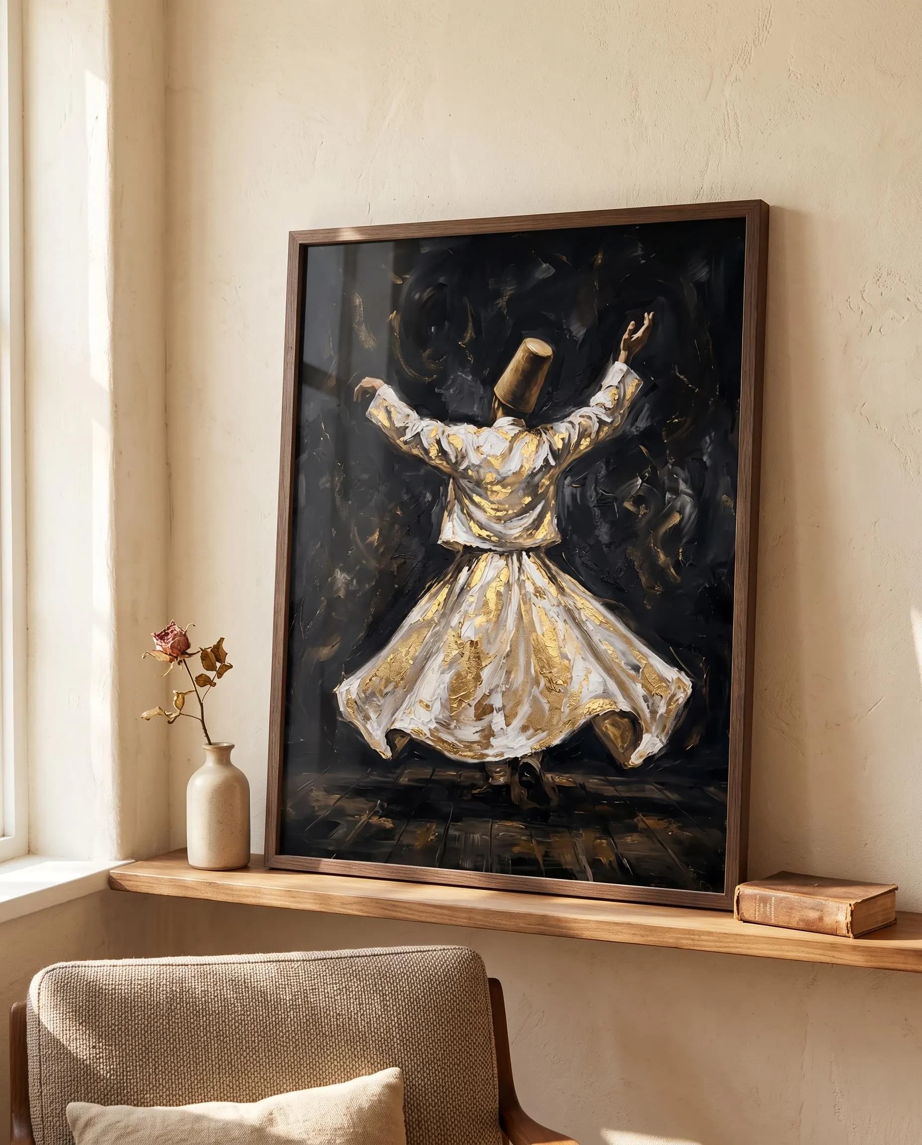 Islamic Wall Art | Dervish Wall Art, Whirling Sufi Painting, Mevlana Black and Gold Art Print