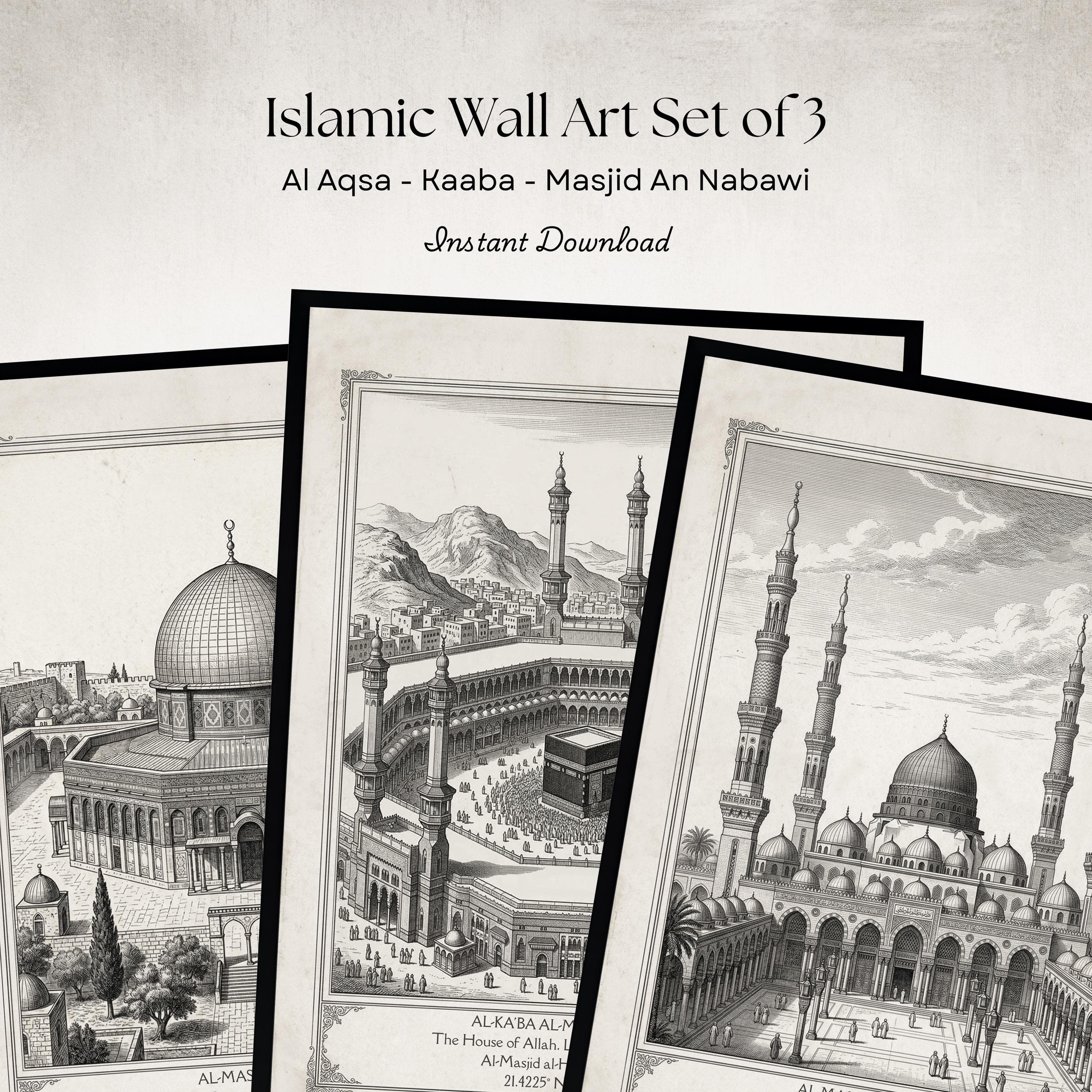 Islamic Vintage Engraving Wall Art Set of 3 | Kaaba, Al-Aqsa and Masjid An-Nabawi Printable - image 2