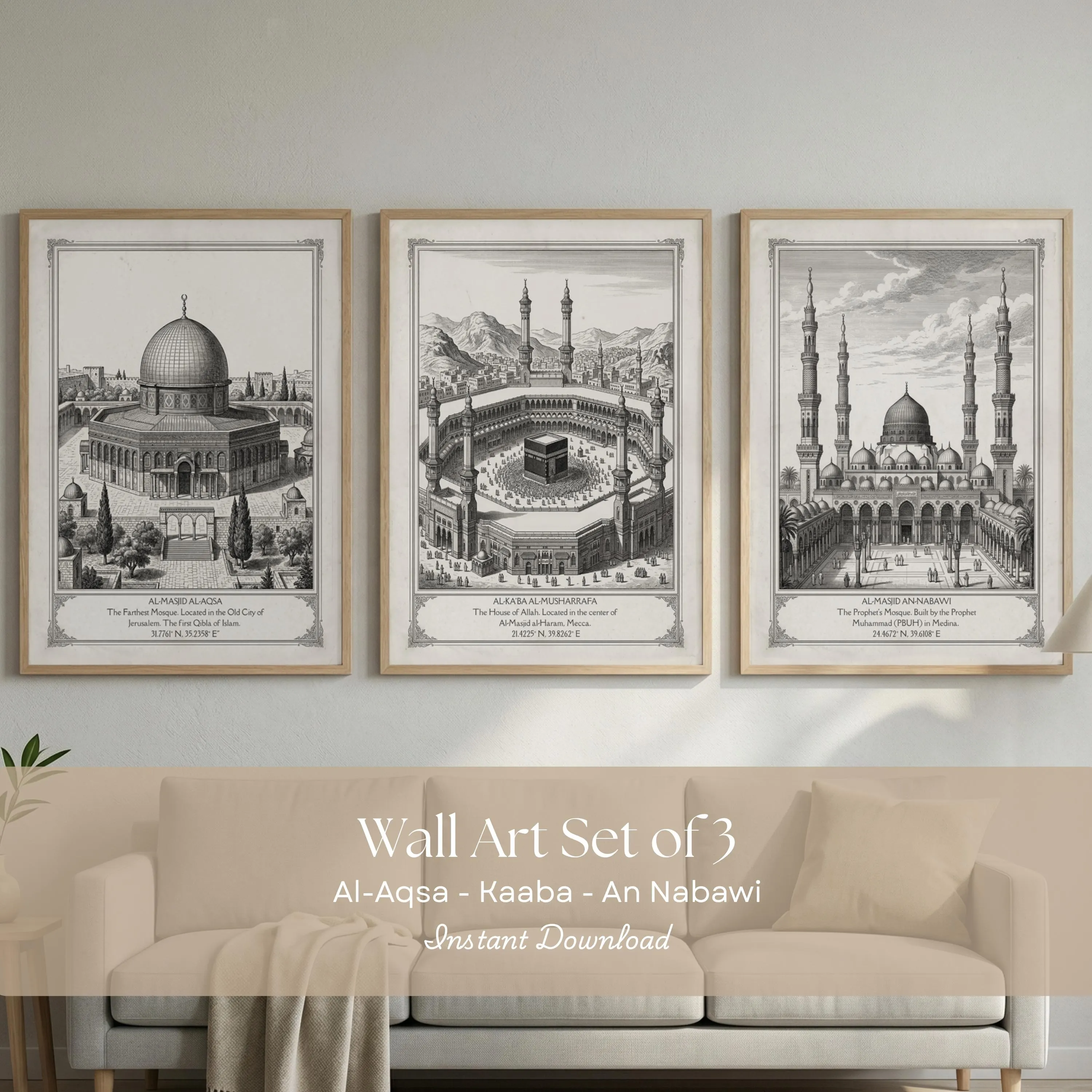 Islamic Vintage Engraving Wall Art Set of 3 | Kaaba, Al-Aqsa and Masjid An-Nabawi Printable