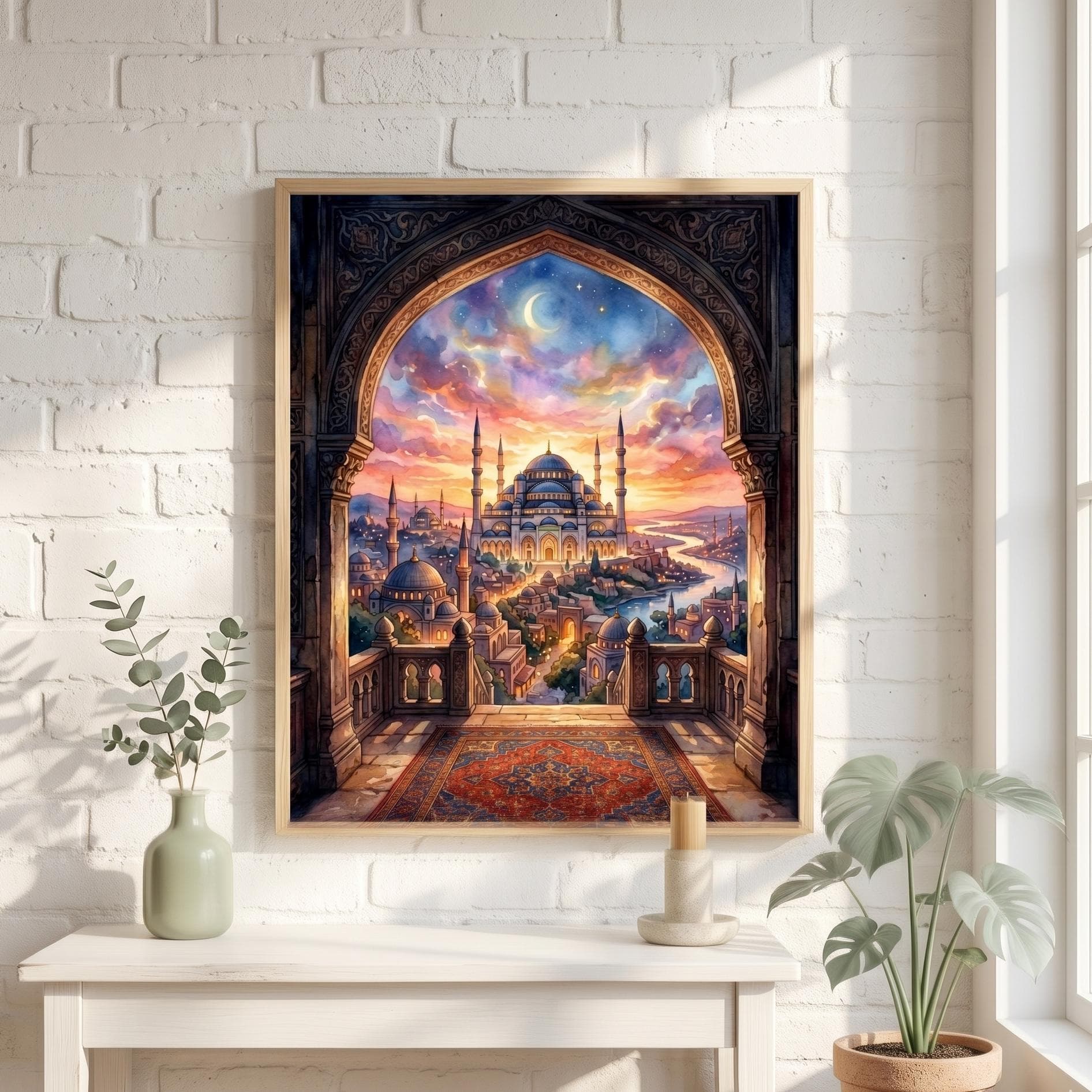 Printable Watercolor Mosque Arch Sunset Fantasy Wall Art, Islamic Decoration, Arabic Balcony Architecture - image 3