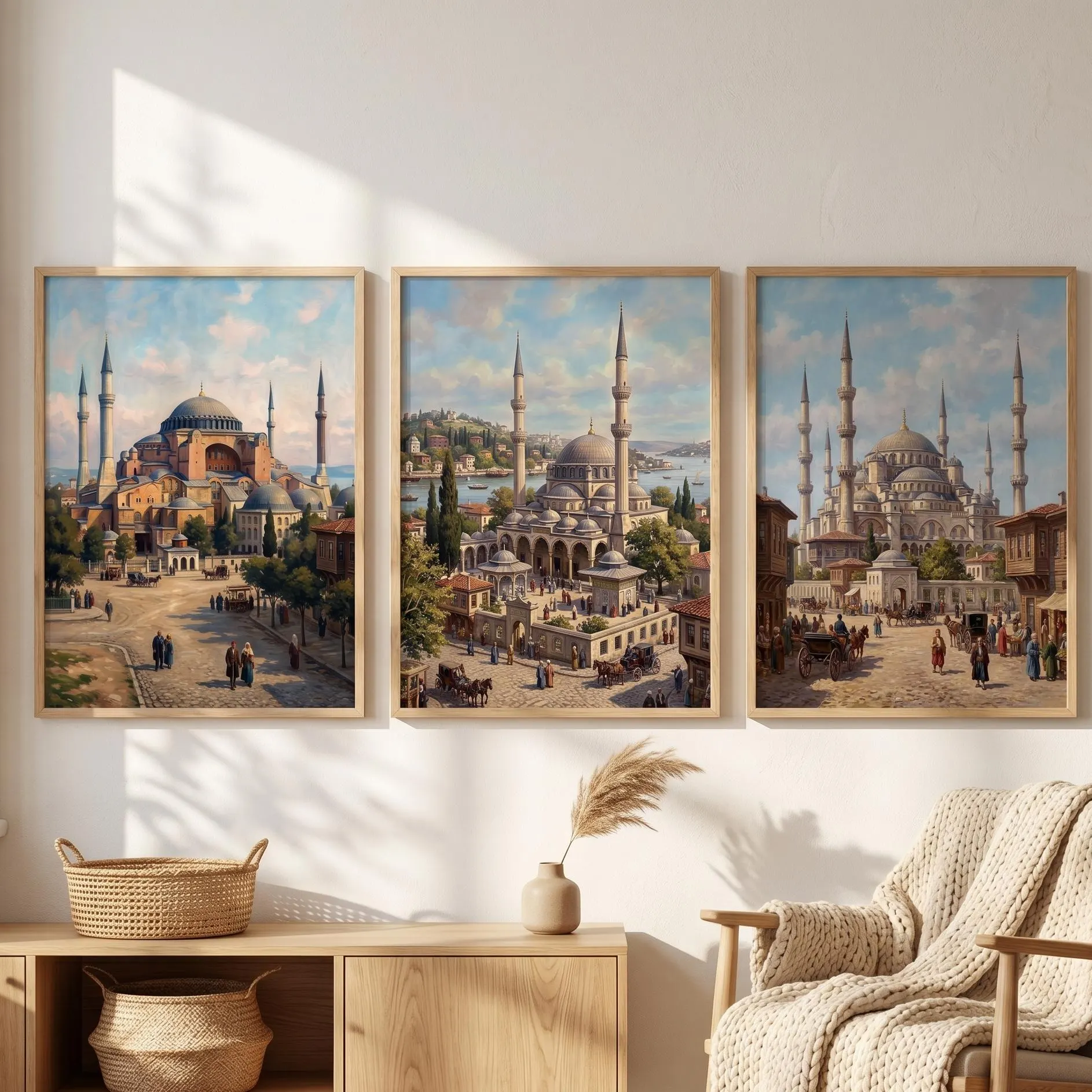 Mosques of Istanbul Wall Art Set of 3 | Haghia Sophia, Eyup Sultan, Blue Mosque | Vintage Islamic Landmarks Printables