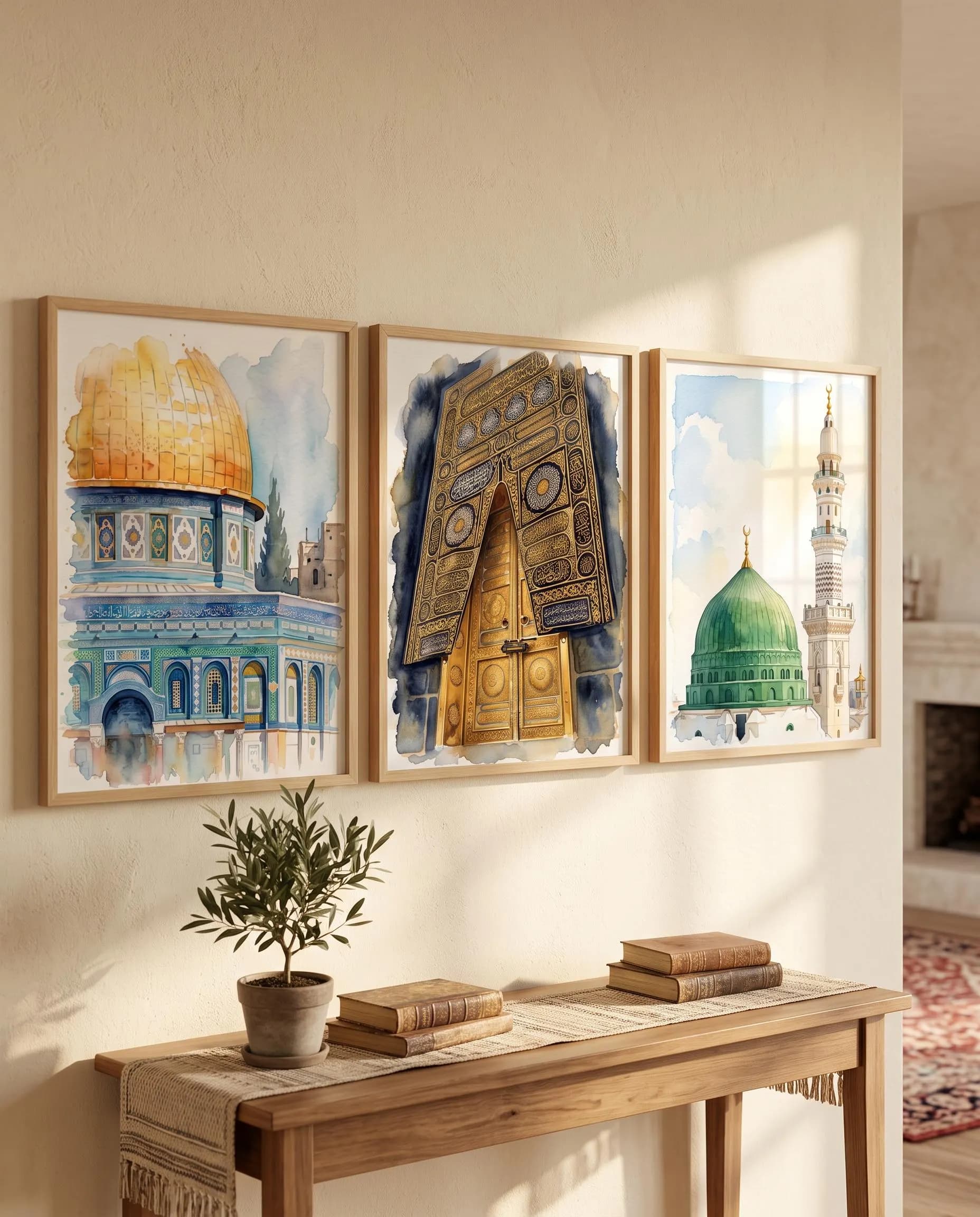 Islamic Poster Set of 3 | Kaaba, An Nabawi, Al Aqsa Watercolor Painting, Muslim Holy Sites Wall Art Set - image 2