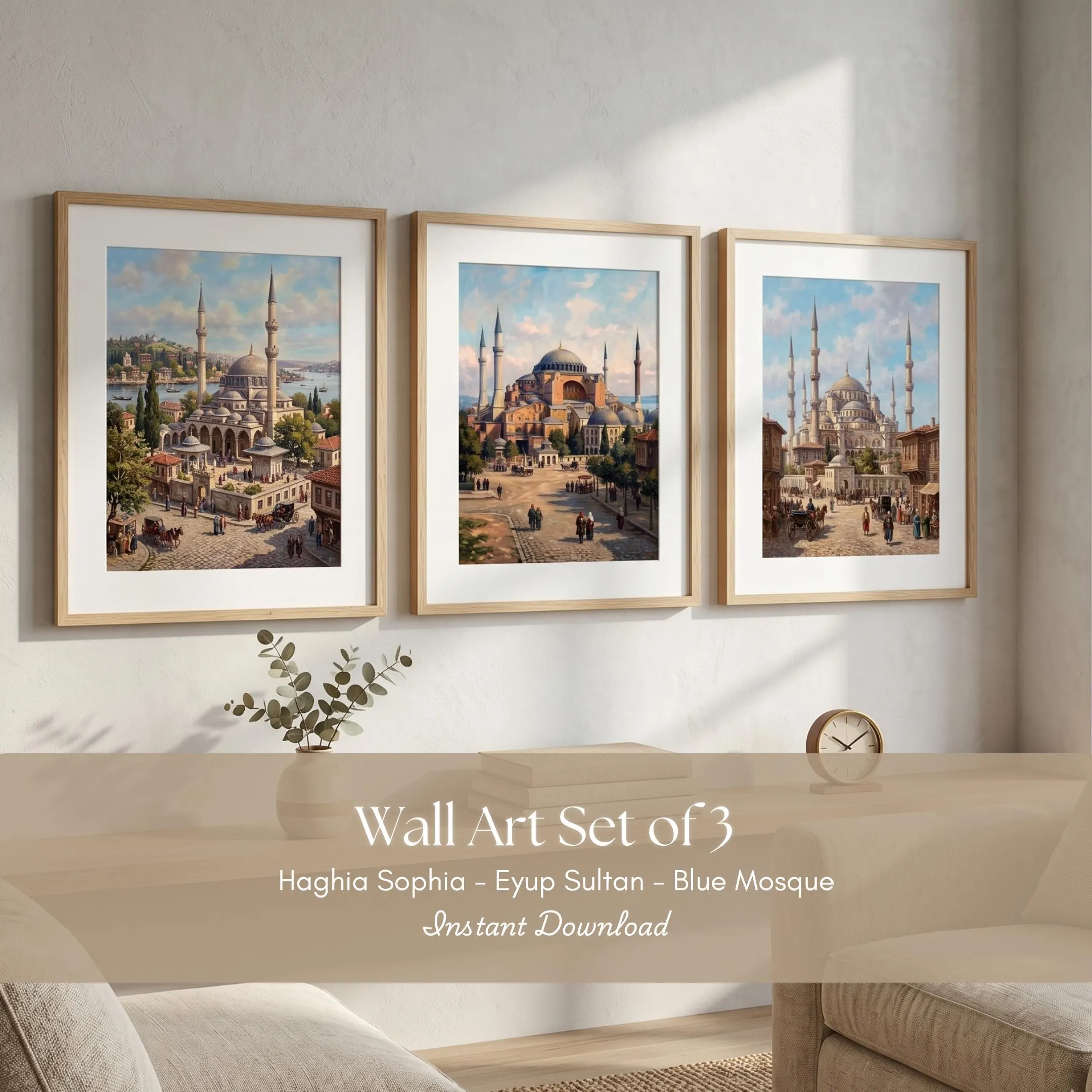 Mosques of Istanbul Wall Art Set of 3 | Haghia Sophia, Eyup Sultan, Blue Mosque | Vintage Islamic Landmarks Printables - image 3