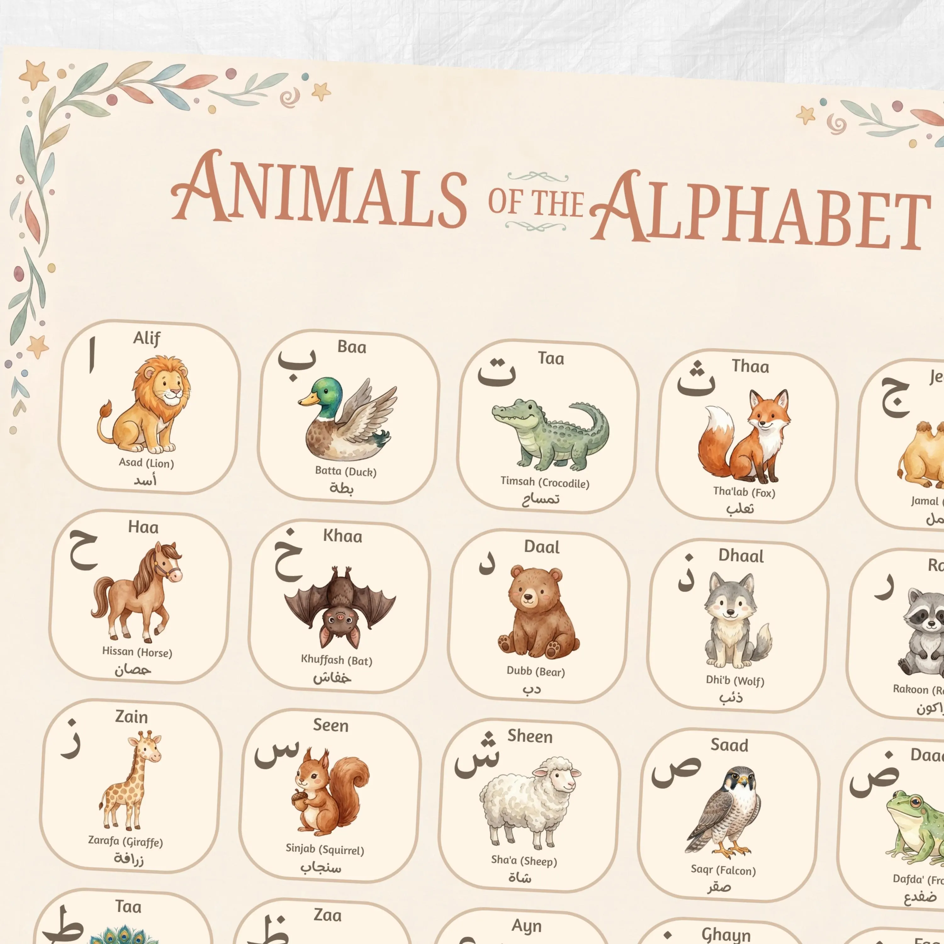 Arabic Alphabet with Animals Poster, Islamic Educational Wall Art for Kids, Arabic Letters Learning Print - image 4