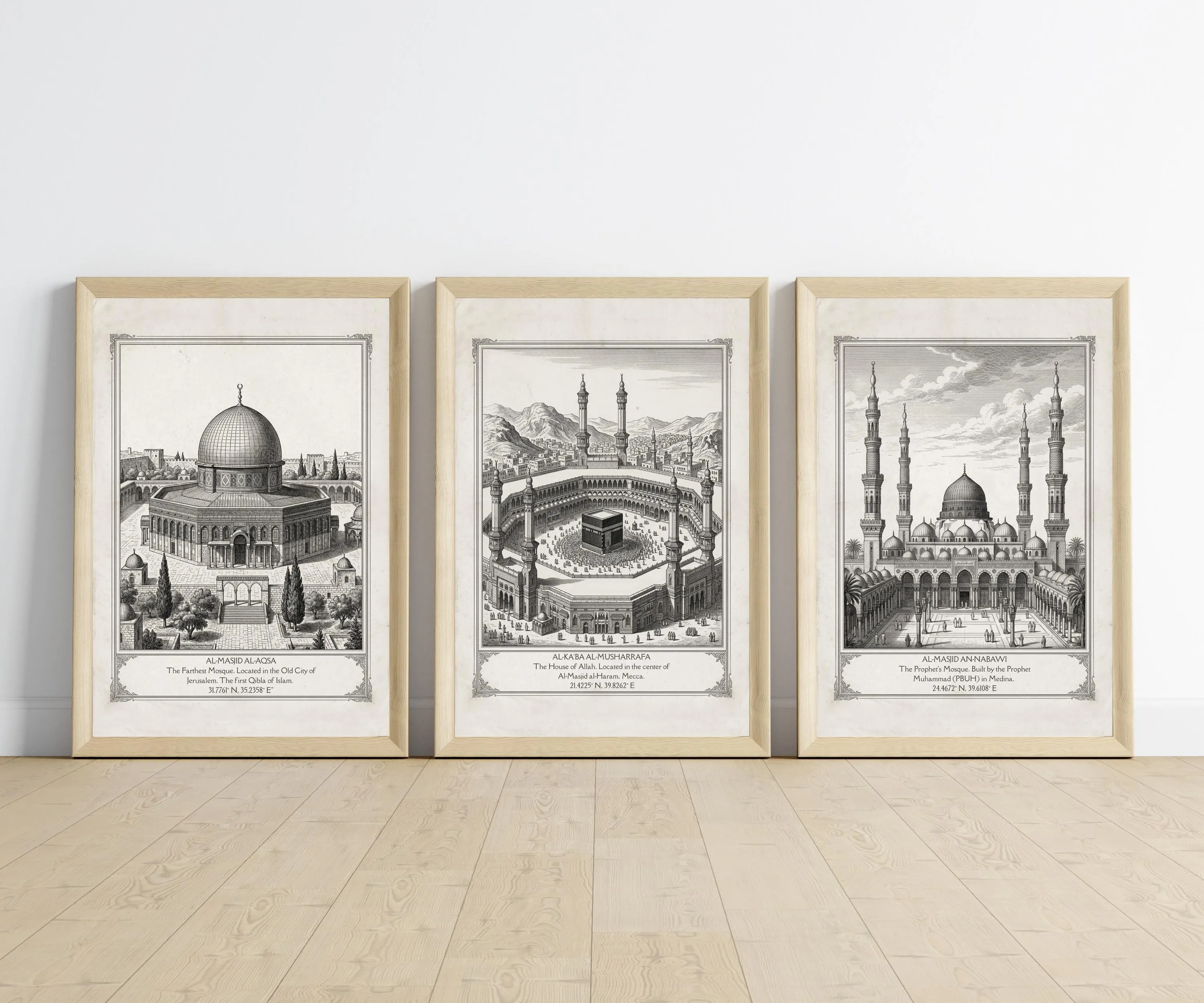 Islamic Vintage Engraving Wall Art Set of 3 | Kaaba, Al-Aqsa and Masjid An-Nabawi Printable - image 3