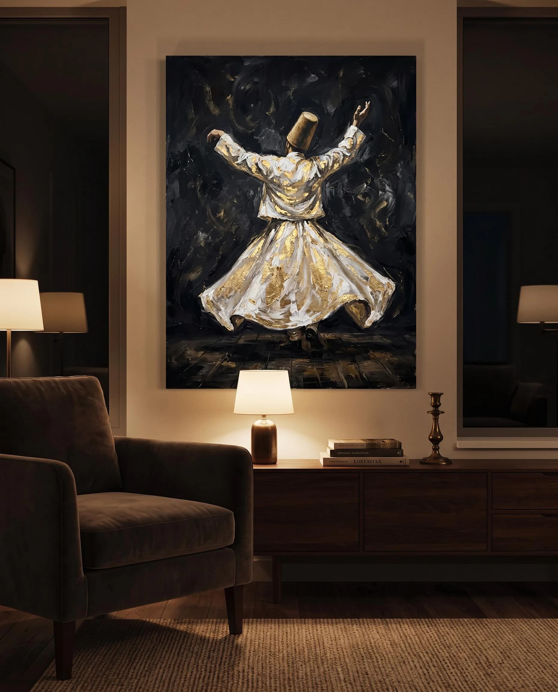 Islamic Wall Art | Dervish Wall Art, Whirling Sufi Painting, Mevlana Black and Gold Art Print - image 3