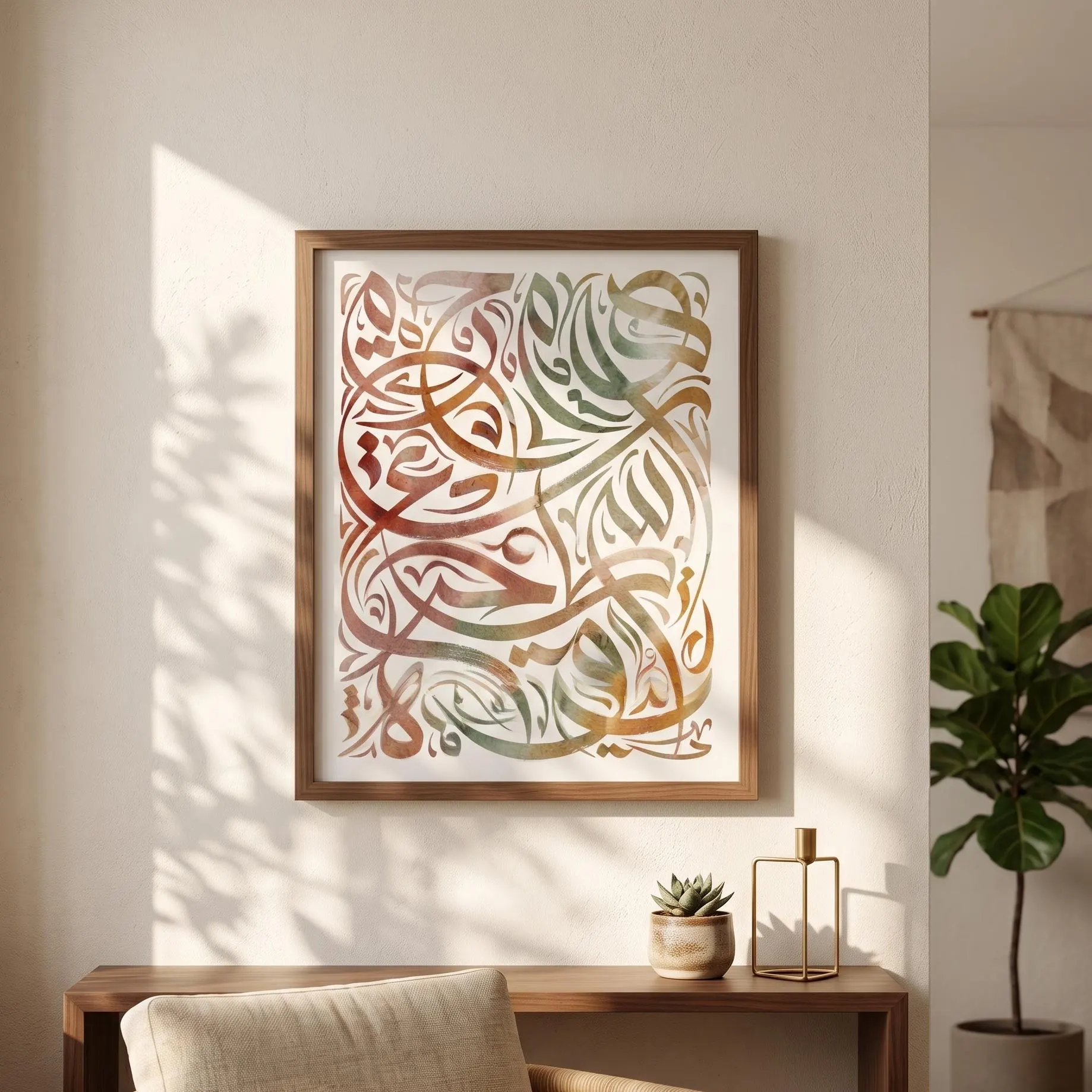 May include: A rectangular wall art print featuring intricate Arabic calligraphy in a gradient of warm earth tones including rust, olive green, and gold. The artwork is encased in a simple wooden frame, displaying flowing, overlapping script characters.