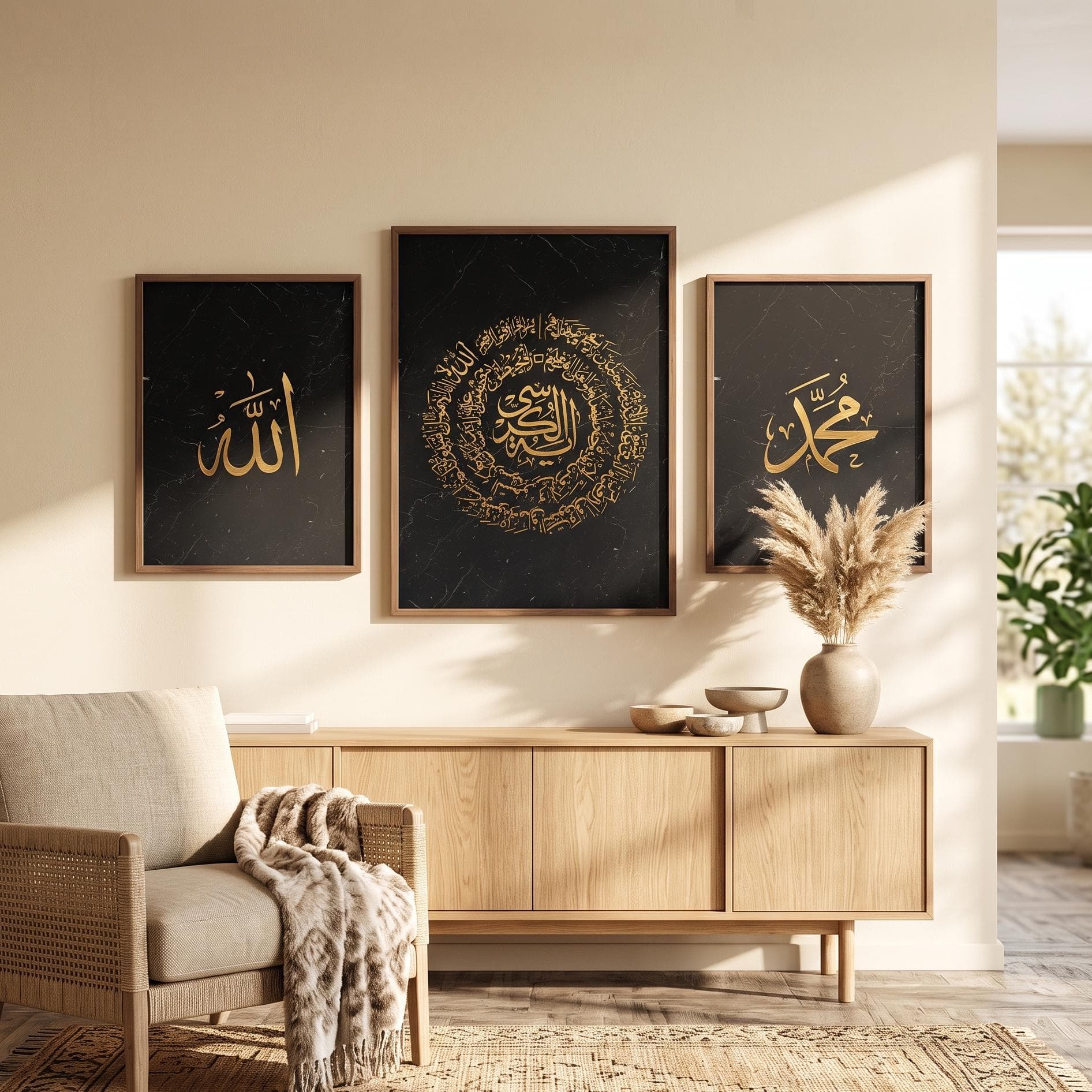 Allah, Ayatul Kursi, Muhammad Poster, Black Gold Arabic Calligraphy Wall Art Set of 3