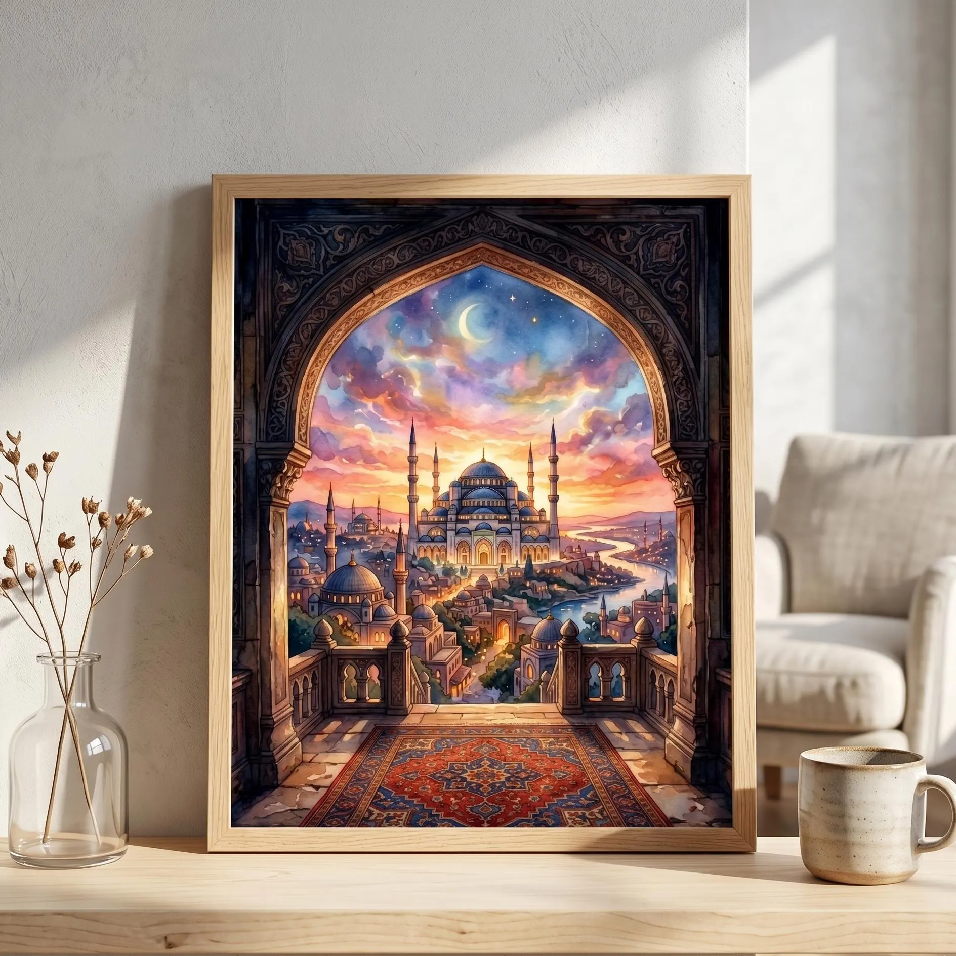 Printable Watercolor Mosque Arch Sunset Fantasy Wall Art, Islamic Decoration, Arabic Balcony Architecture