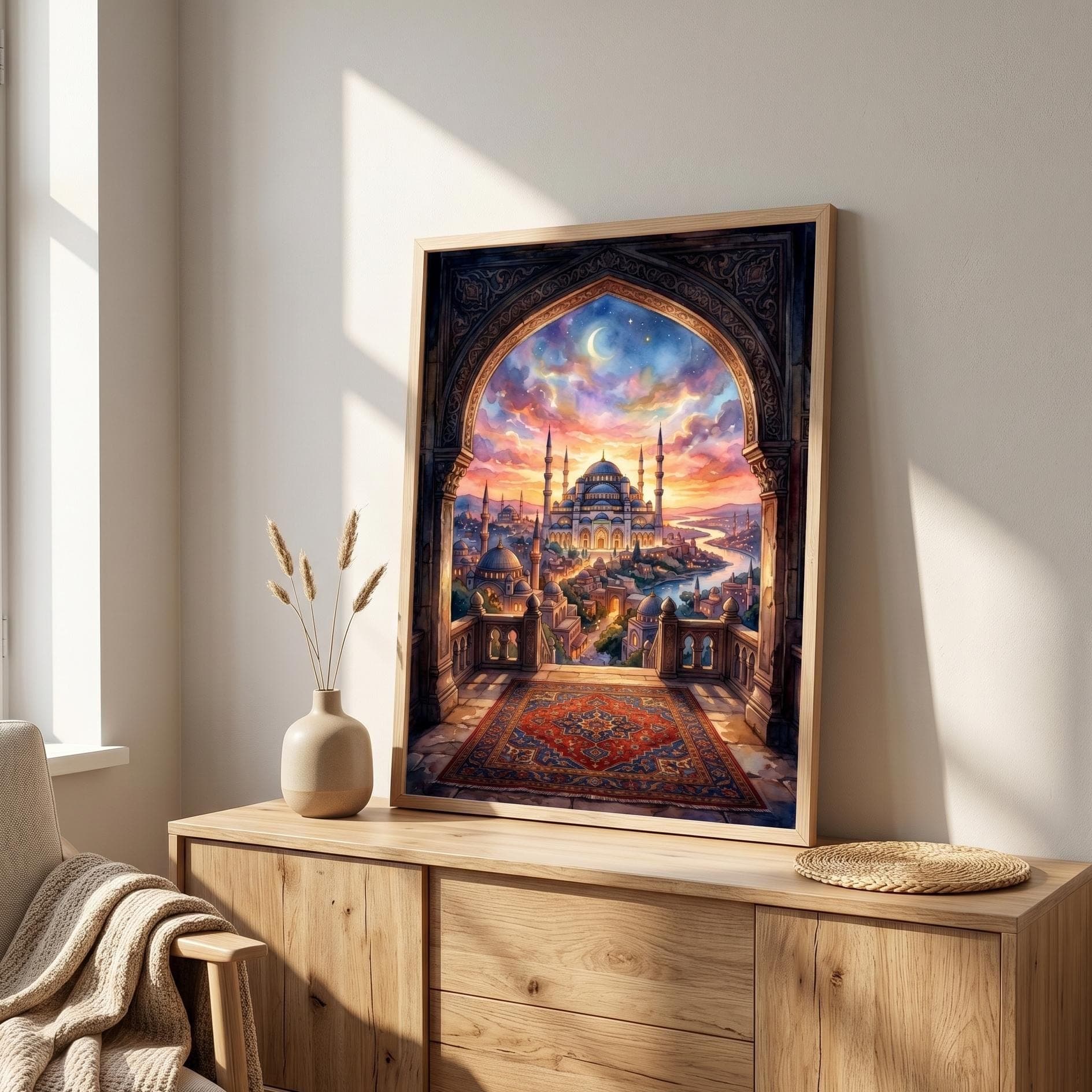 Printable Watercolor Mosque Arch Sunset Fantasy Wall Art, Islamic Decoration, Arabic Balcony Architecture - image 2