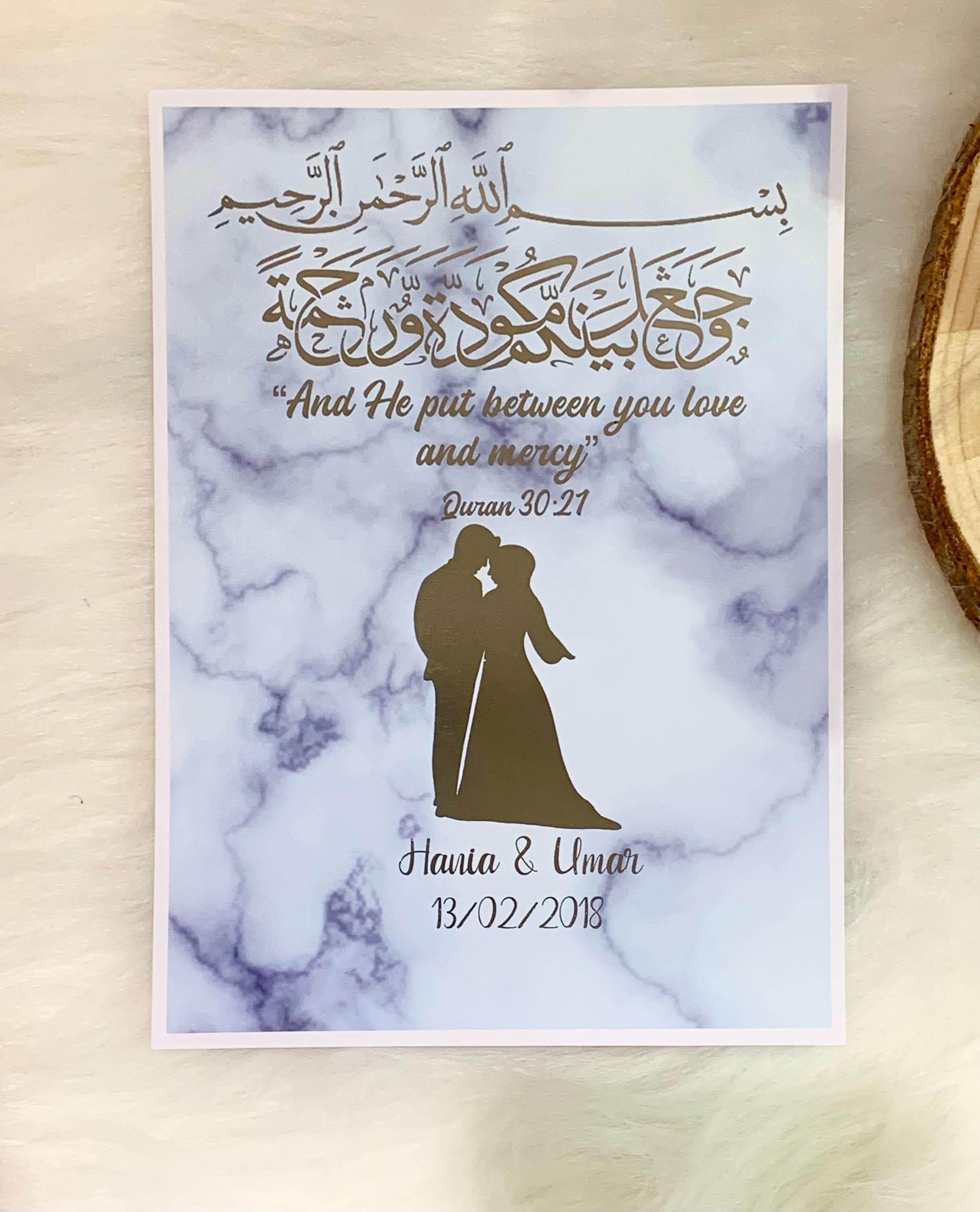 A4,A5,A6 Personalised Arabic calligraphy And he put between you love and mercy foil print with silver foil Perfect Nikkah gift UK - image 3