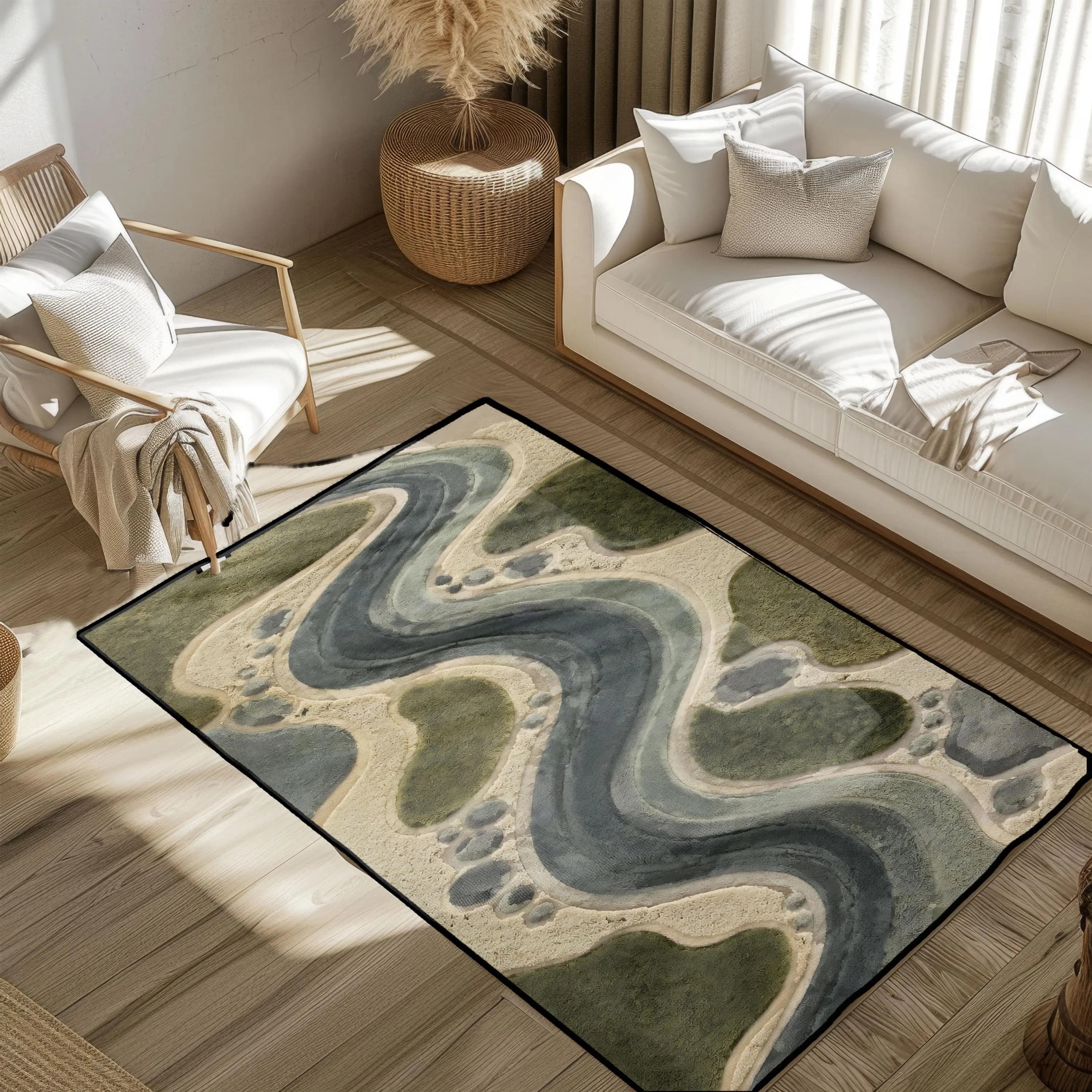 Abstract River Area Rug, Organic Landscape Rug, Neutral Zen Living Room Decor