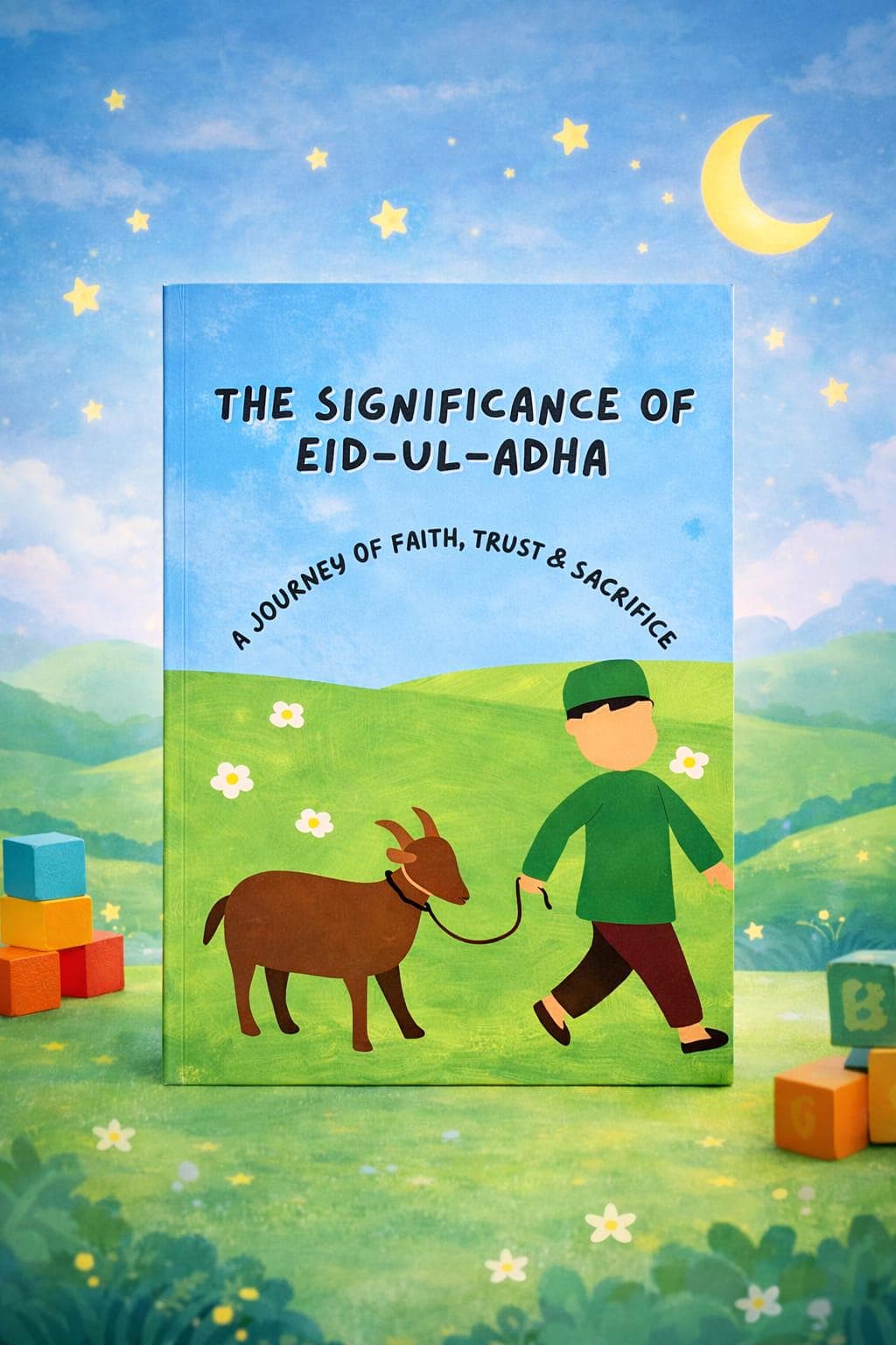 Illustrated Islamic children’s book about Eid-ul-Adha showing a boy walking a goat under a crescent moon and stars, titled The Significance of Eid-ul-Adha: A Journey of Faith, Trust & Sacrifice.