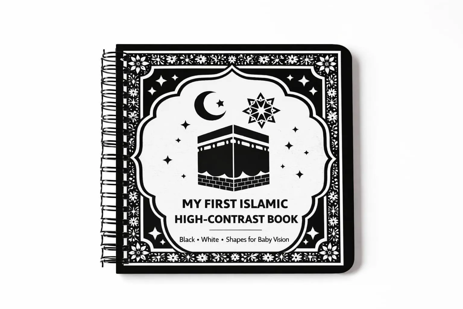 Islamic high contrast baby book with black and white visuals featuring Kaaba design, designed for newborn visual stimulation and early brain development