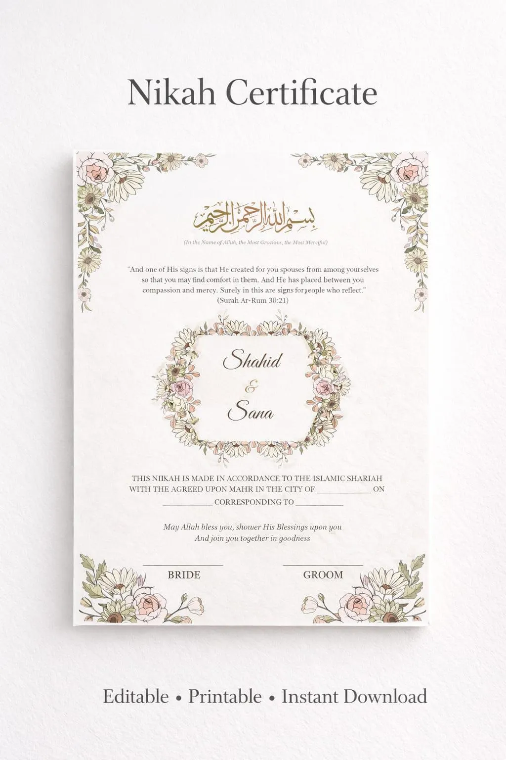 Editable Nikah Certificate Canva Template | Minimal Blush Neutral Floral Islamic Marriage Certificate Printable