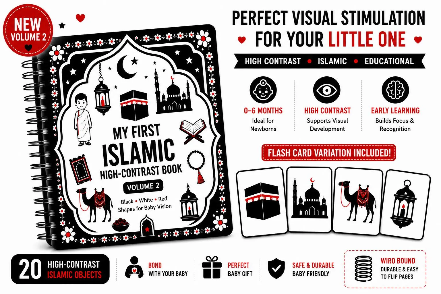 High Contrast Islamic Baby Book or Flashcards - Vol 2 | Newborn Brain Development| Black White Visual Cards | Montessori Infant Learning - image 2