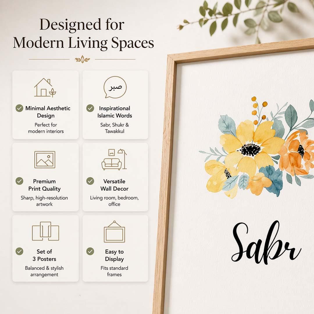 Sabr Shukr Tawakkul Wall Art, Islamic Home Decor, Arabic Calligraphy Digital Print, Set of 3 Muslim Posters, Modern - image 4