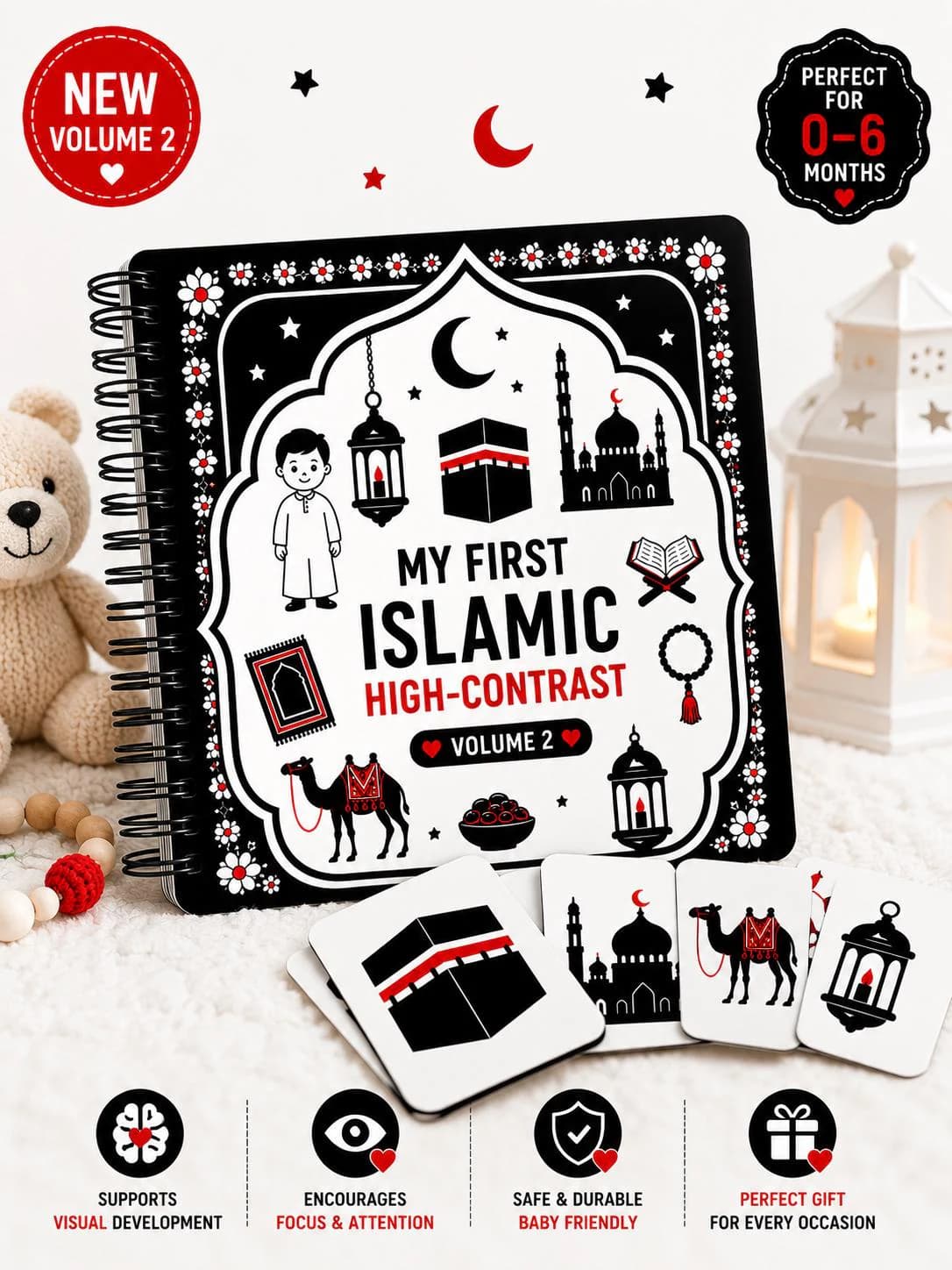 High Contrast Islamic Baby Book or Flashcards - Vol 2 | Newborn Brain Development| Black White Visual Cards | Montessori Infant Learning