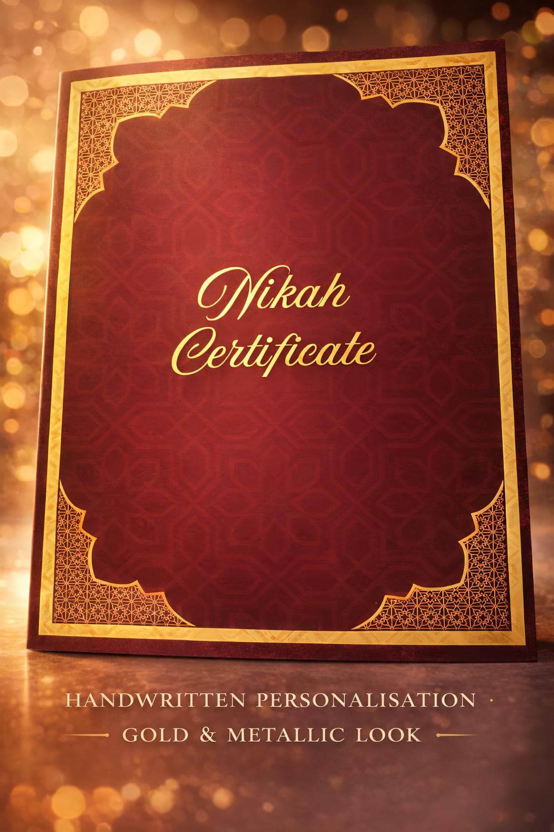Nikah Certificate, Gold Accent Islamic Marriage Contract, A4 Keepsake (Physical copy)
