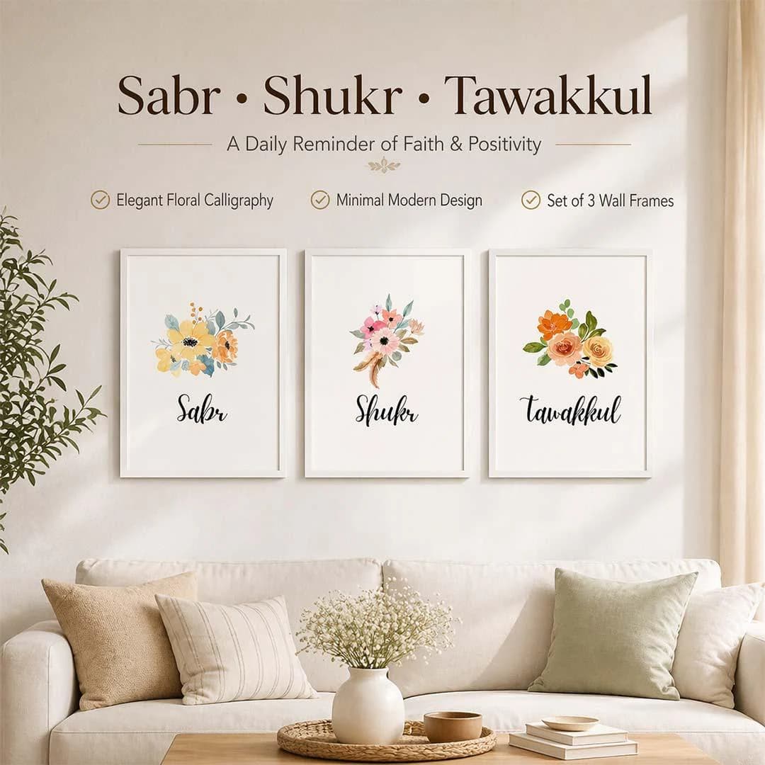 Sabr Shukr Tawakkul Wall Art, Islamic Home Decor, Arabic Calligraphy Digital Print, Set of 3 Muslim Posters, Modern