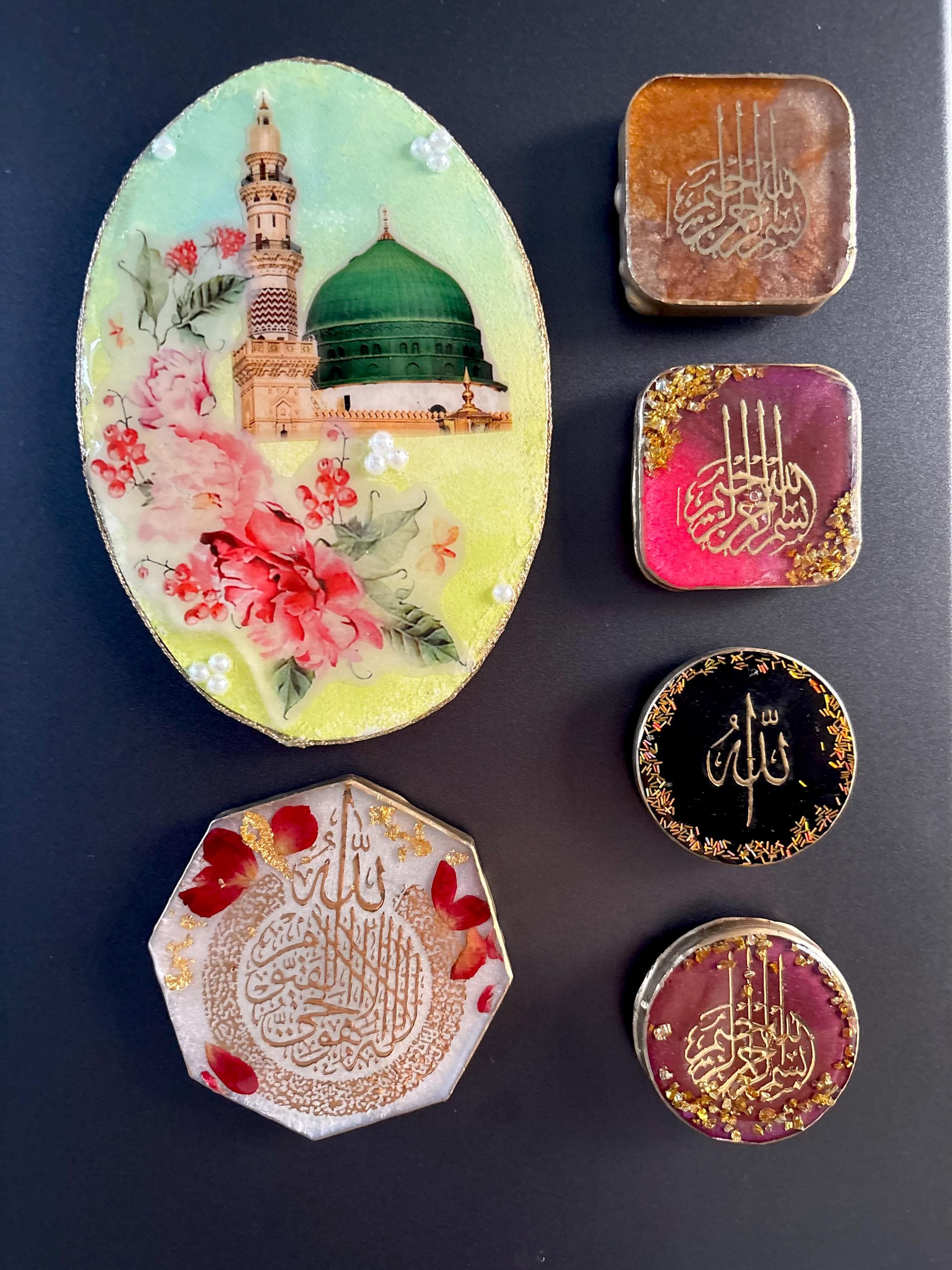 Islamic Resin Fridge Magnets Set | Arabic Calligraphy | Allah Bismillah Ayatul Kursi Surah Qul | Nabawi Dome | Islamic Home Decor | Eid Gift