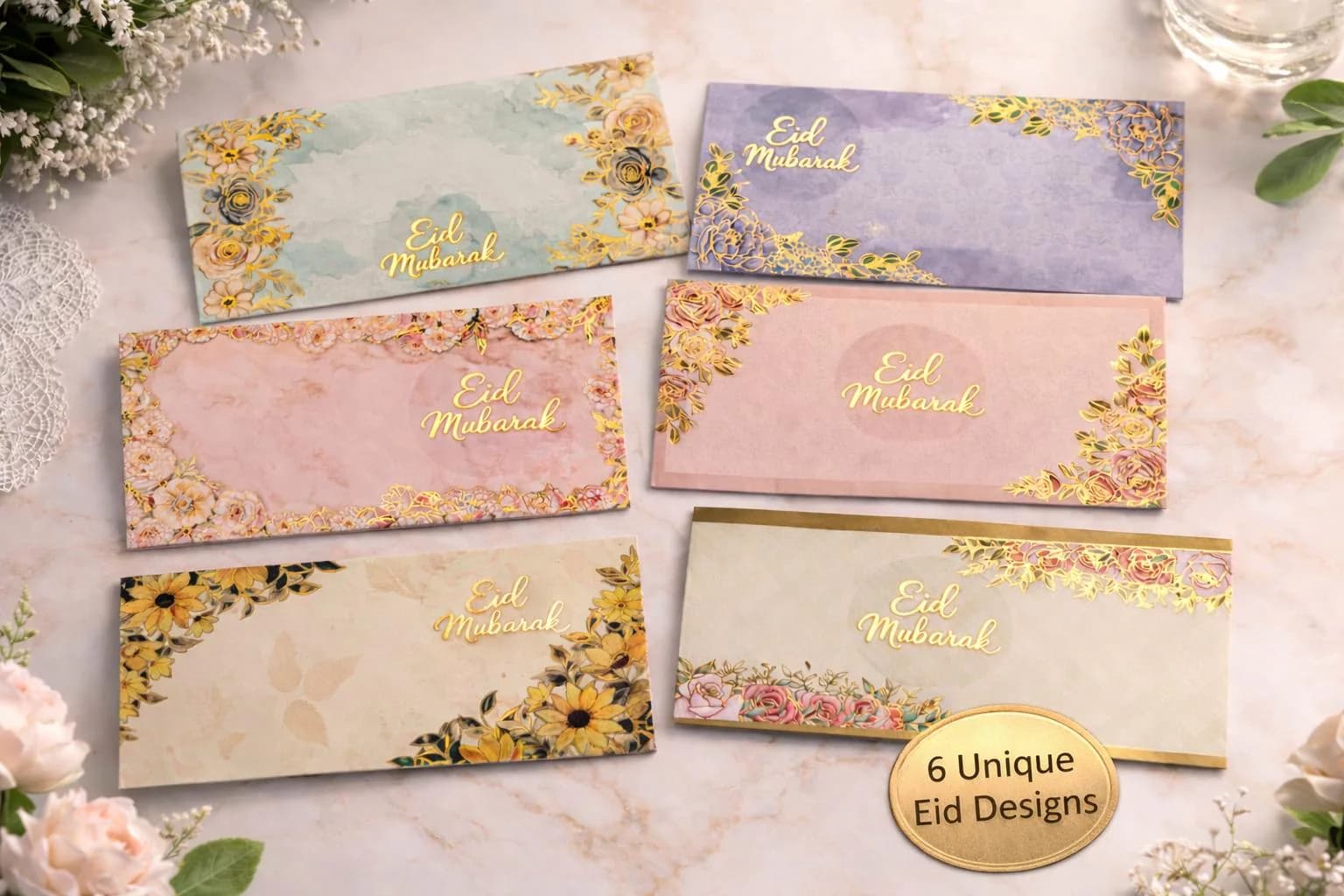 Floral Eid Mubarak Money Envelopes | Gold Detail, Eidi Gift | Premium Envelopes for Eid, Nikah, Aqeeqah & All Occasion Celebrations