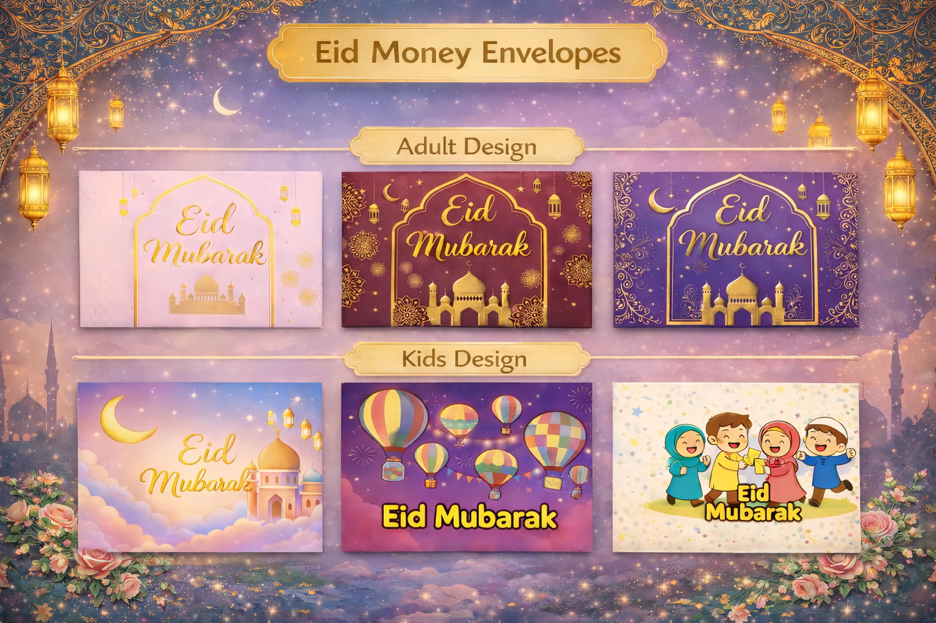 Eidi Money Envelopes Printable | Eid Mubarak Cash Holder | 7 Designs - 3 Adults, 3 Kids, 1 Couple | Standard Envelope Size |  Free Stickers