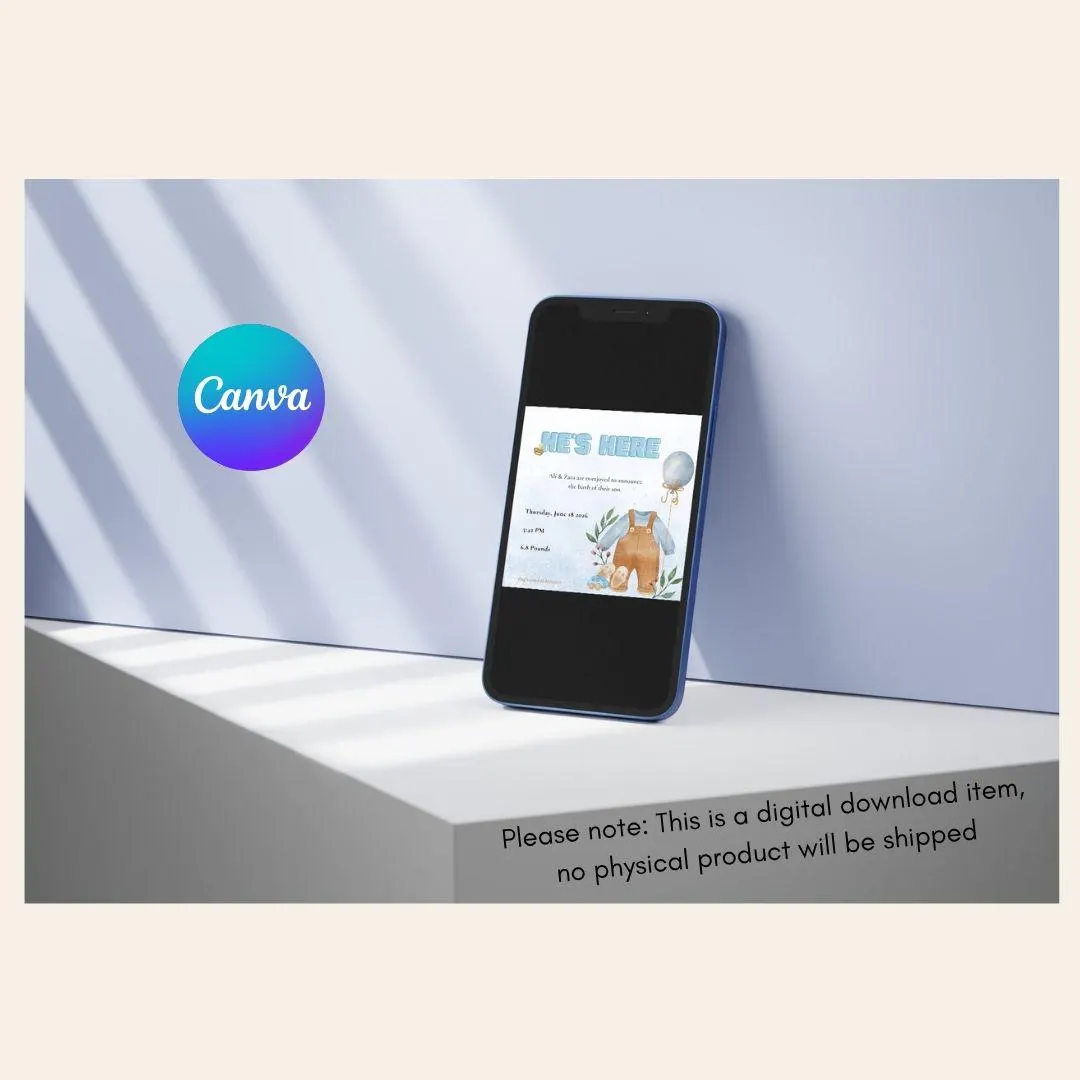 Baby Birth Announcement | Editable Canva Template (Digital Download) | Baby Boy | He's Here - image 3