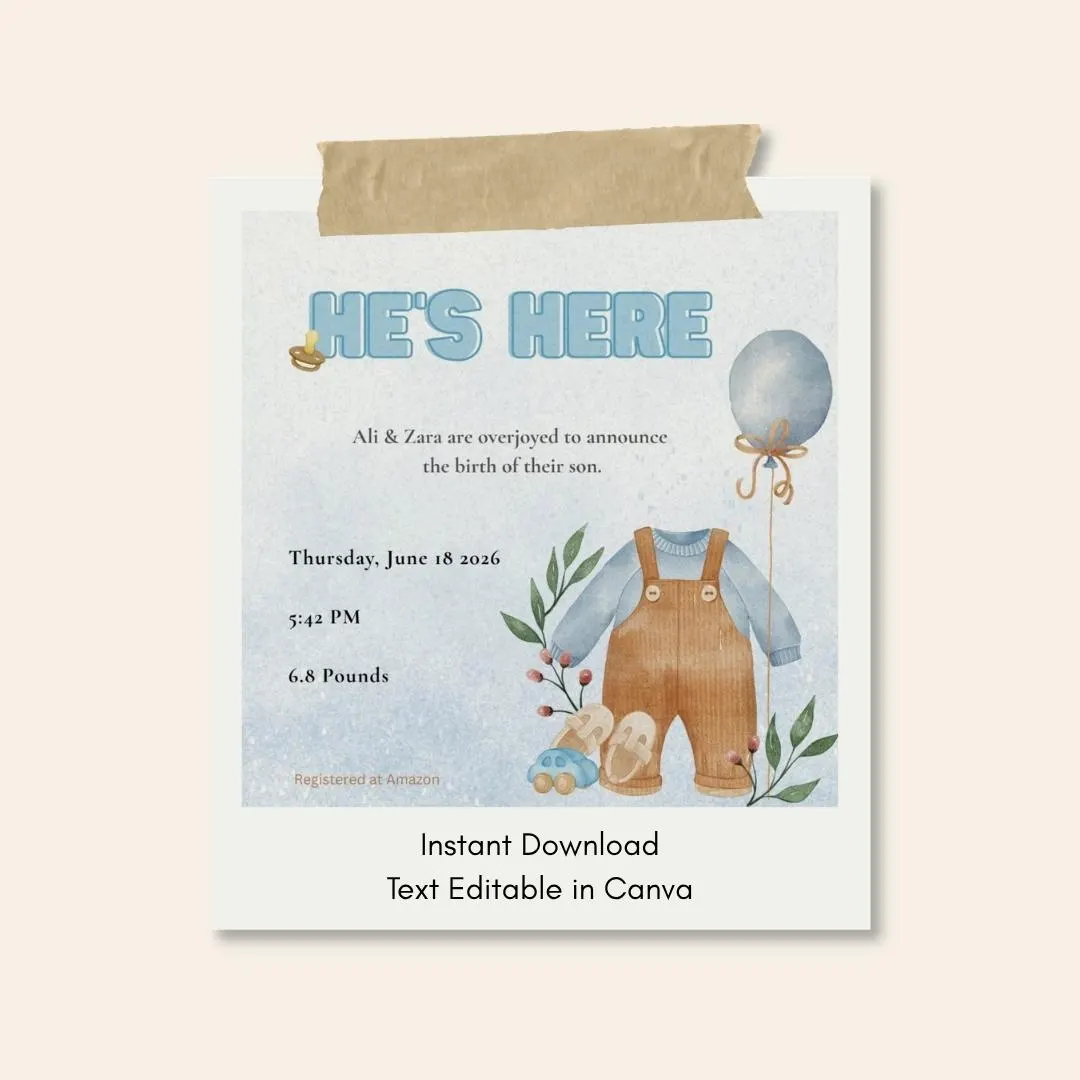 Baby Birth Announcement | Editable Canva Template (Digital Download) | Baby Boy | He's Here