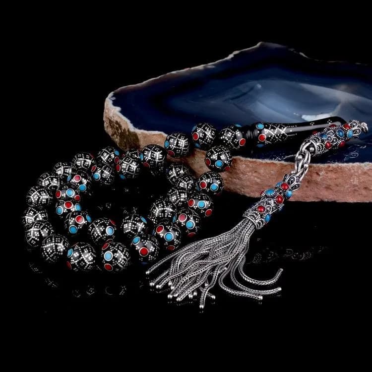 Handcrafted Kuka Prayer Beads: Silver Embroidery Burgundy-Blue