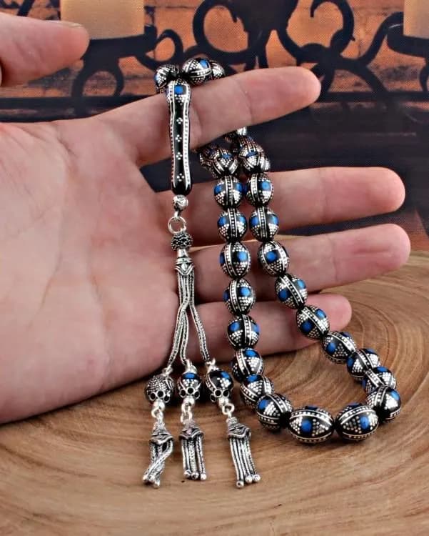 Oltu Stone Tasbeeh: Silver Embroidered Islamic Prayer Beads, 33 Count