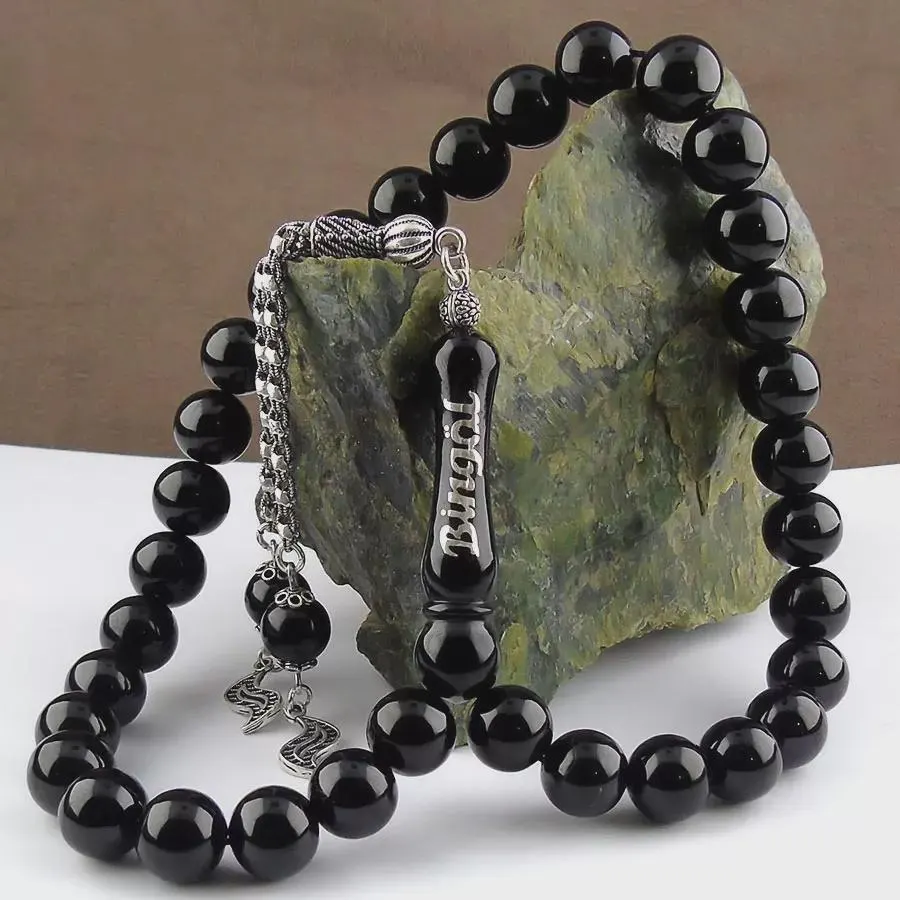Personalized Engraved Oltu Stone Prayer Beads: Islamic Gift, Sterling Silver Tassel