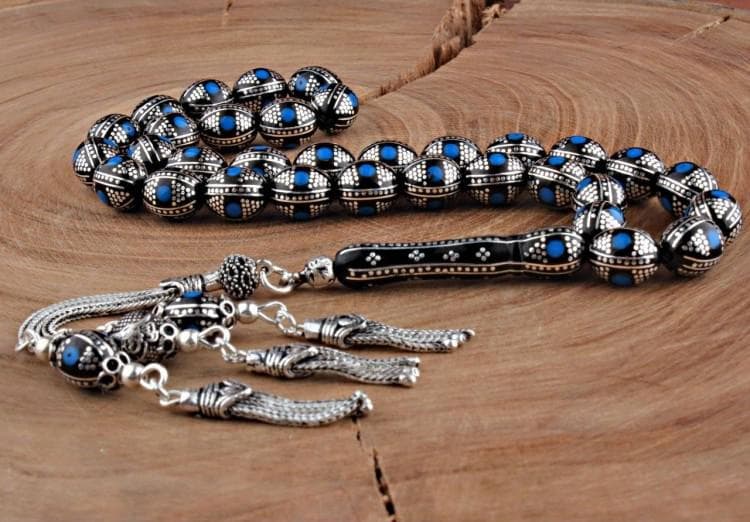 Oltu Stone Tasbeeh: Silver Embroidered Islamic Prayer Beads, 33 Count - image 2