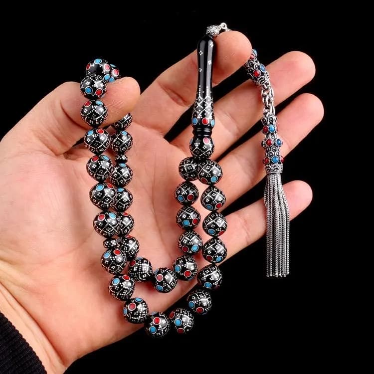 Handcrafted Kuka Prayer Beads: Silver Embroidery Burgundy-Blue - image 4