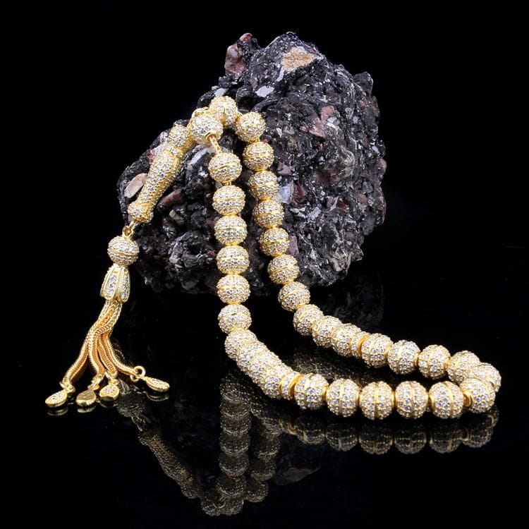 Sterling Silver Tasbeeh: Zircon Islamic Prayer Beads, 33 Beads