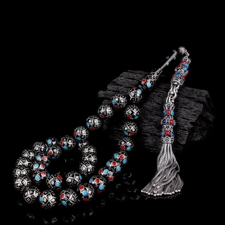Handcrafted Kuka Prayer Beads: Silver Embroidery Burgundy-Blue - image 3
