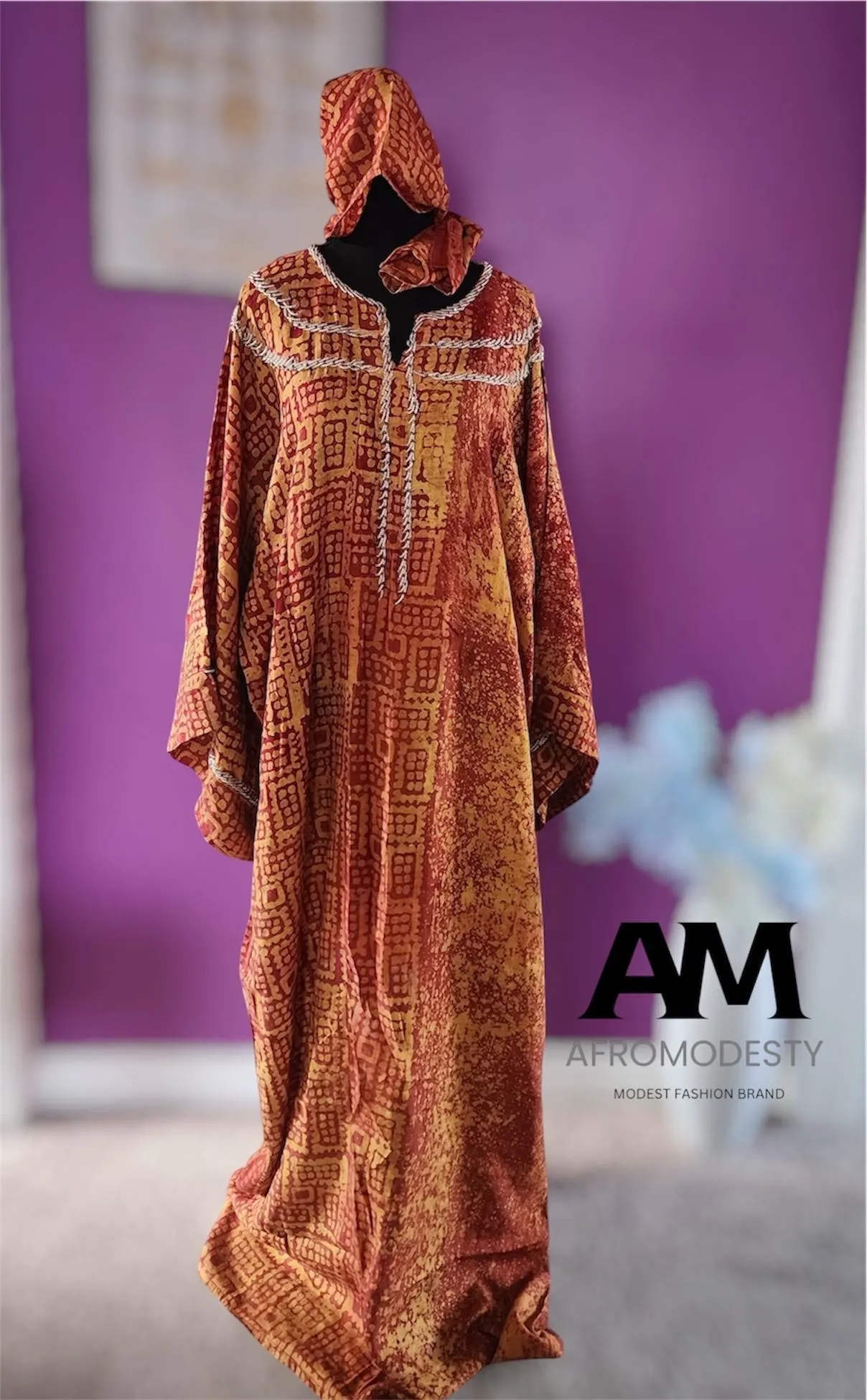 Handmade Adire Cotton Batik Kaftan Dress with Head Tie - African Modest Fashion - image 4