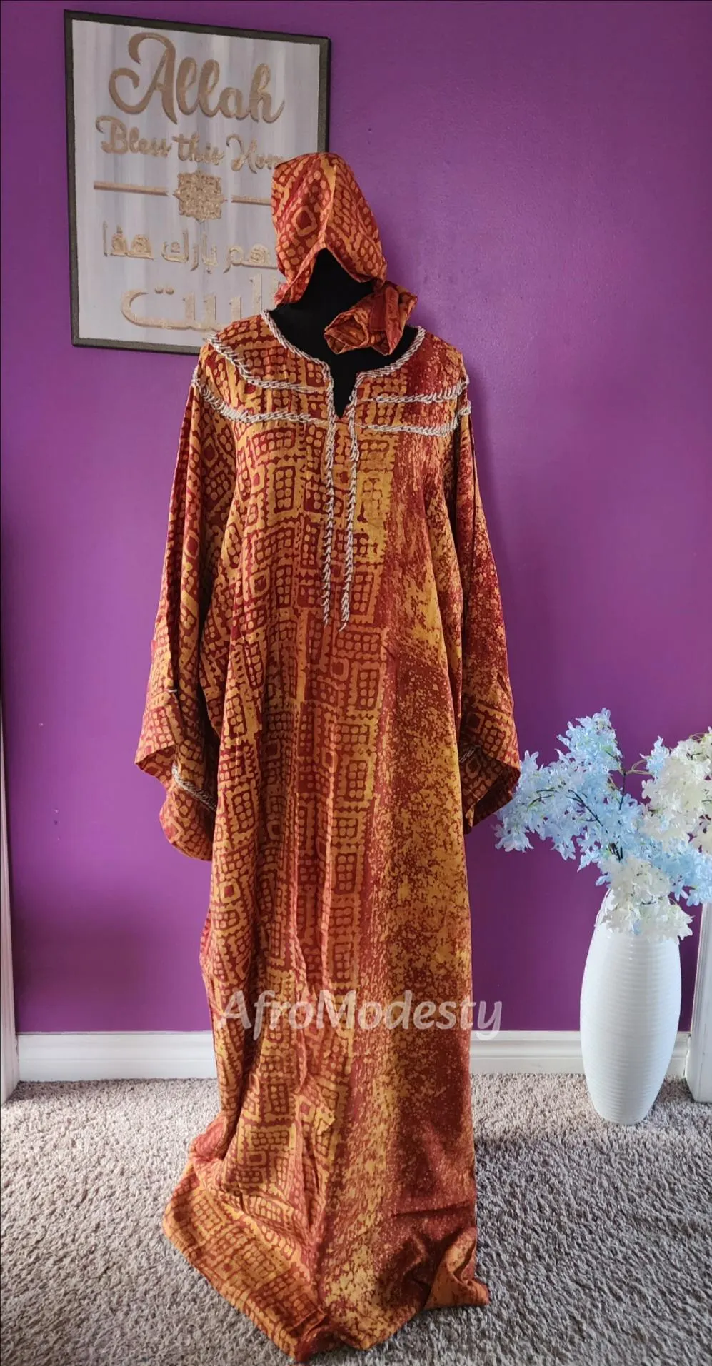 Handmade Adire Cotton Batik Kaftan Dress with Head Tie - African Modest Fashion
