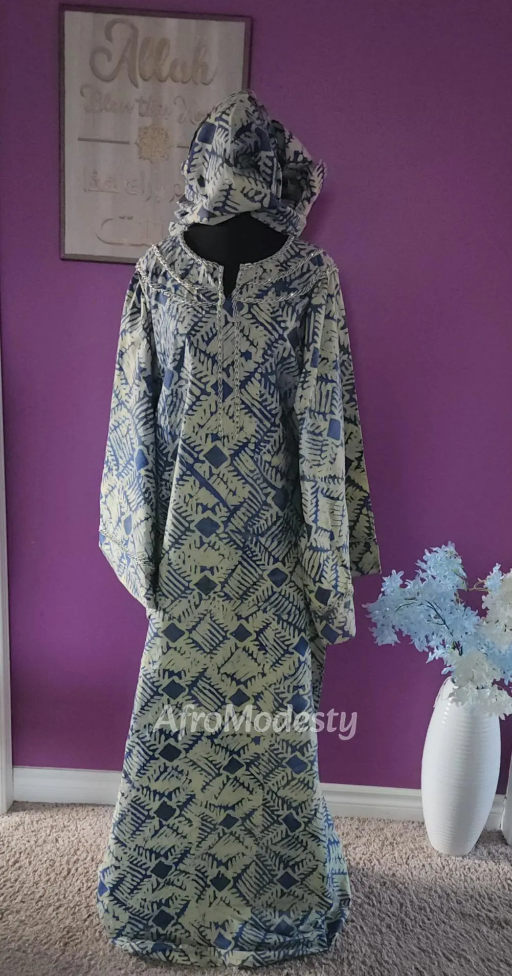 Handmade Adire Cotton Batik Kaftan Dress with Head Tie - African Modest Fashion - image 2