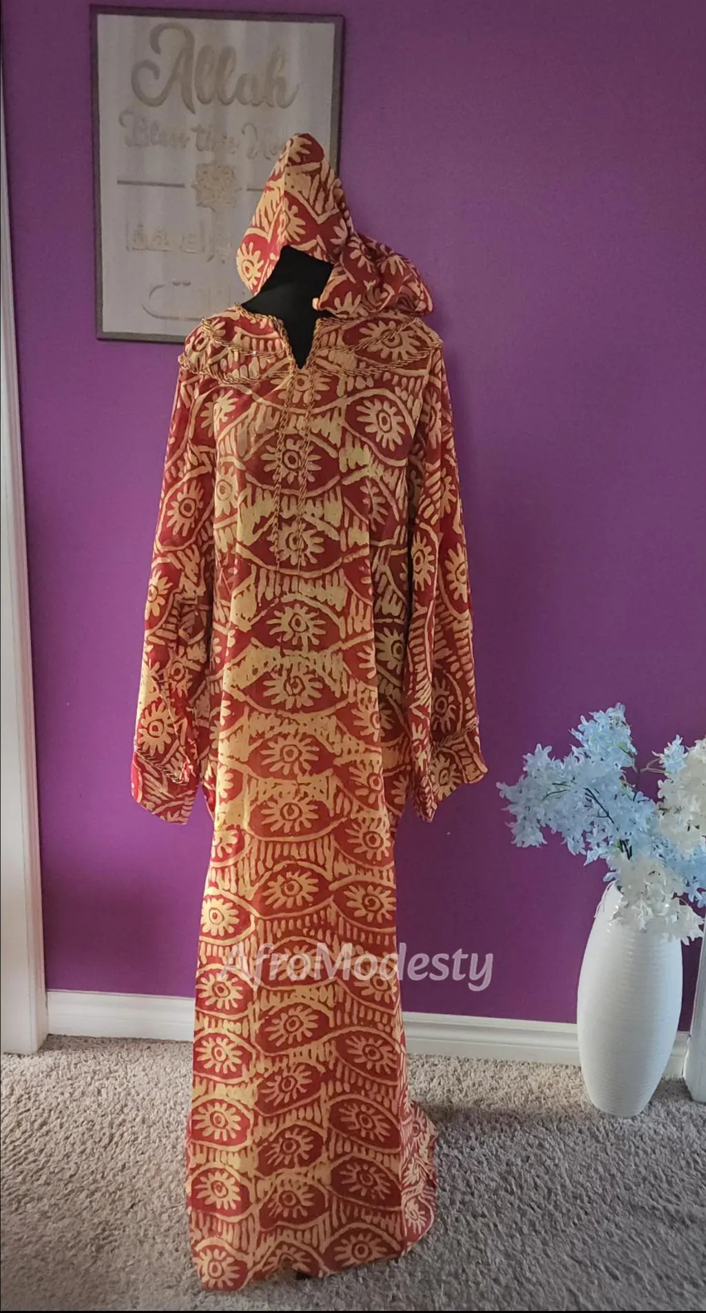 Handmade Adire Cotton Batik Kaftan Dress with Head Tie - African Modest Fashion - image 3