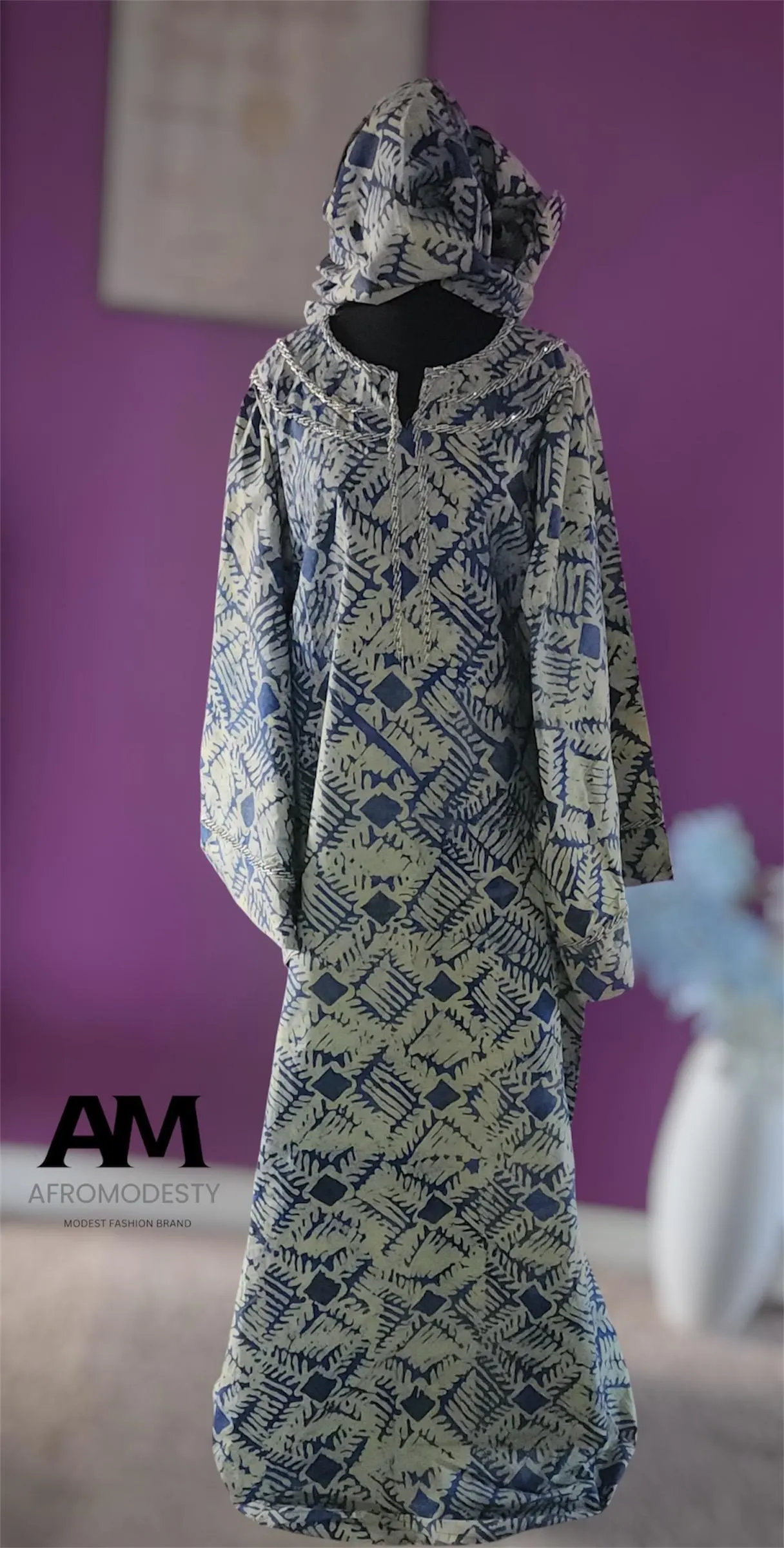 Handmade Adire Cotton Batik Kaftan Dress with Head Tie - African Modest Fashion - image 5