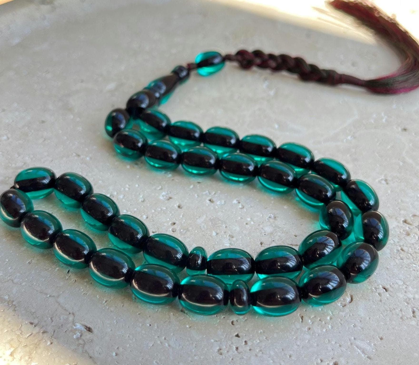 Green Pressed Amber Islamic Prayer Beads | Fire Effect Tasbih | 33 Beads - image 4