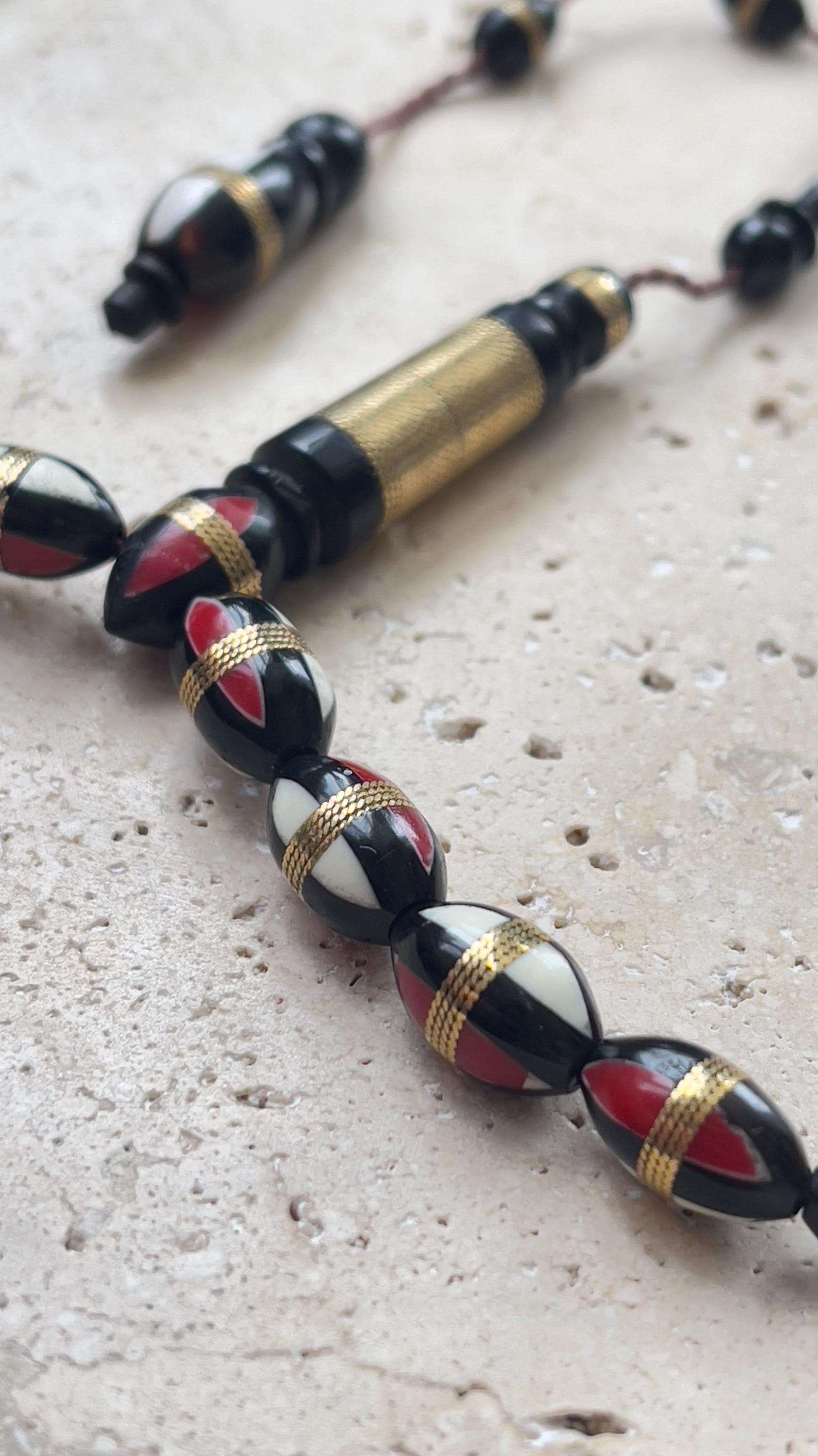 Hand-Carved Kuka Wood Tasbih | 33-Bead Islamic Prayer Beads | Red Accent Muslim Rosary