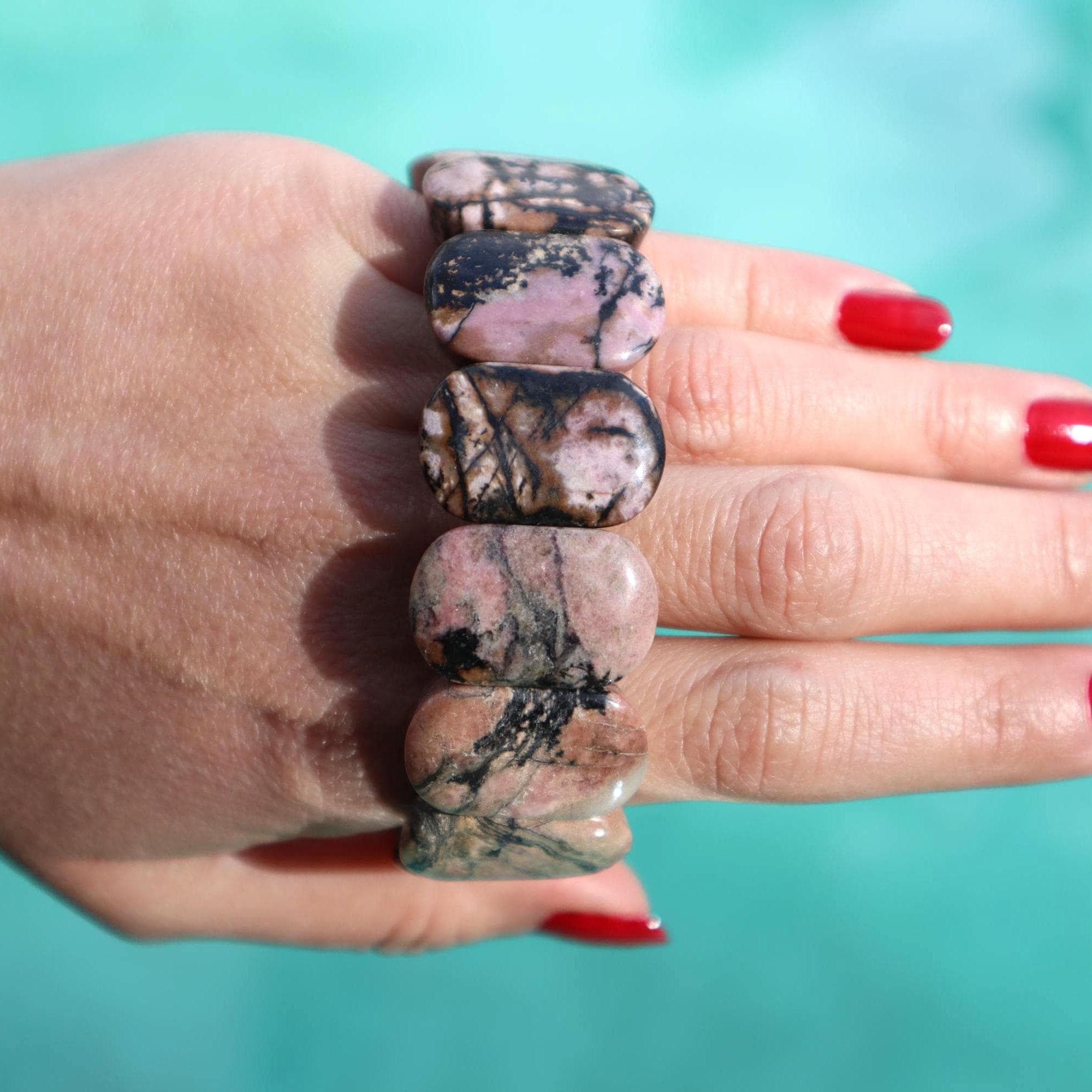 Natural Rhodonite Bracelet, Pink Black Gemstone Bead Bracelet, Minimal Stone Jewelry
