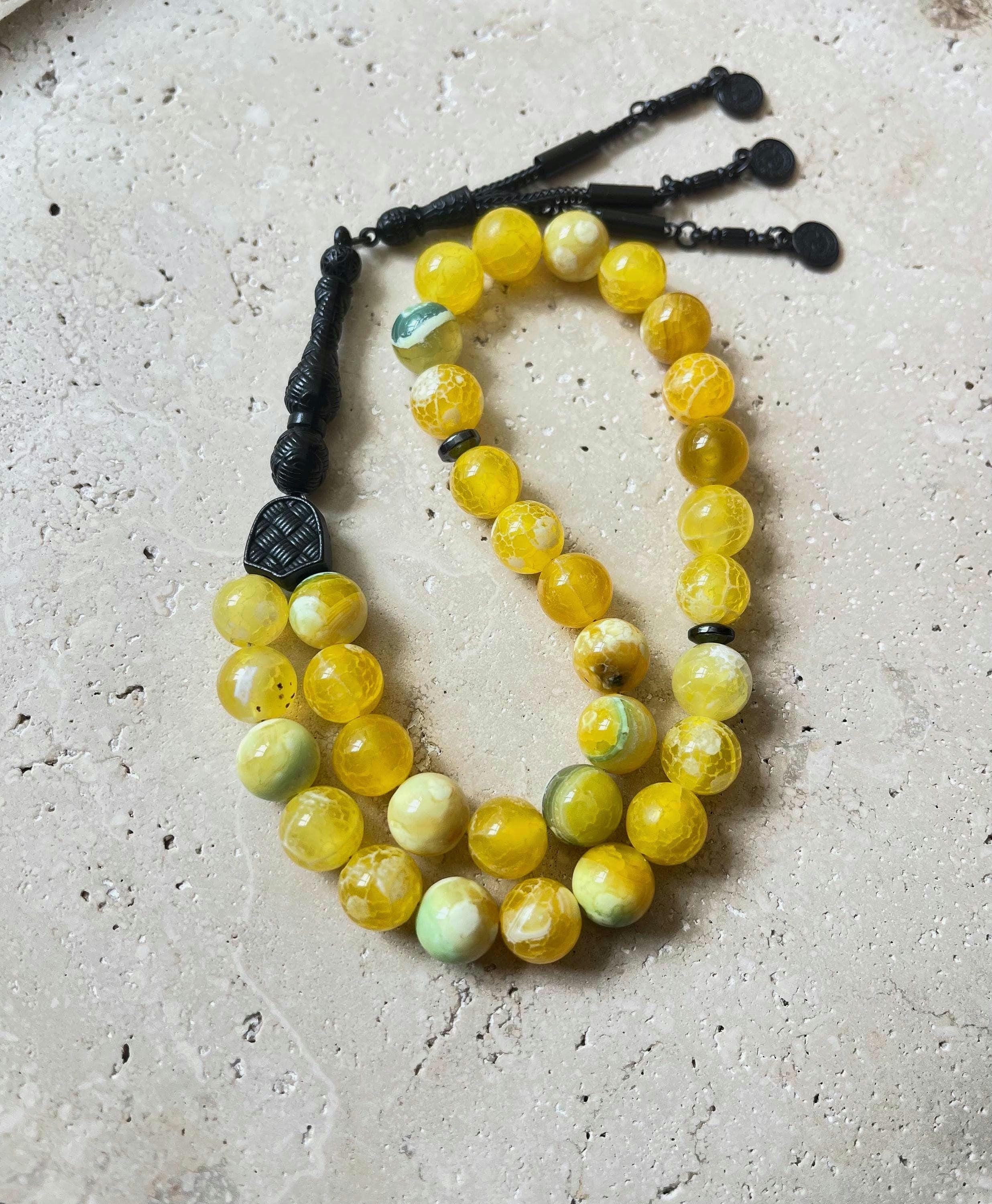 Yellow Crackle Agate Islamic Prayer Beads | 33-Bead Gemstone Tasbih, Muslim Gift