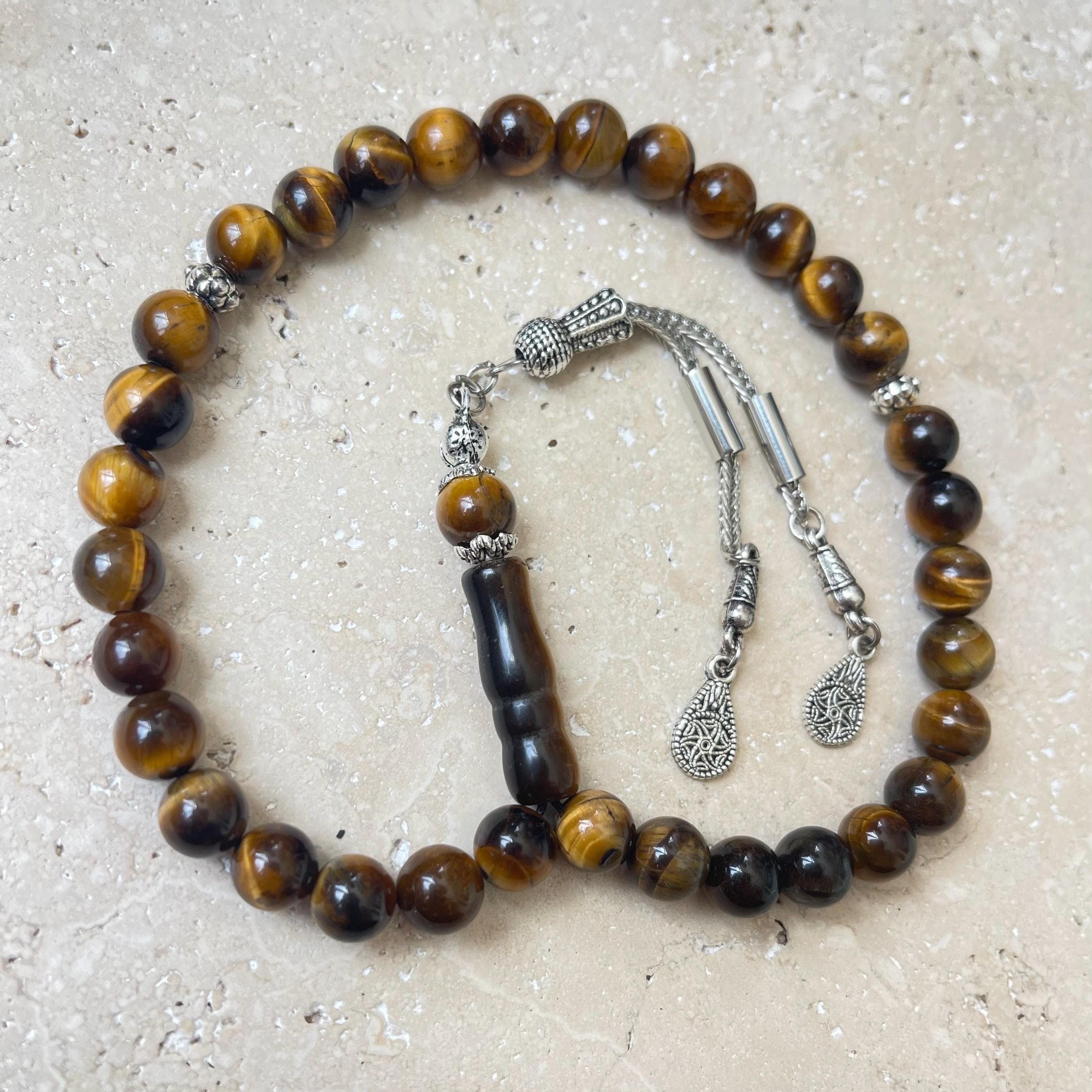 Brown Tiger Eye Islamic Prayer Beads: 33-Bead Gemstone Tasbih
