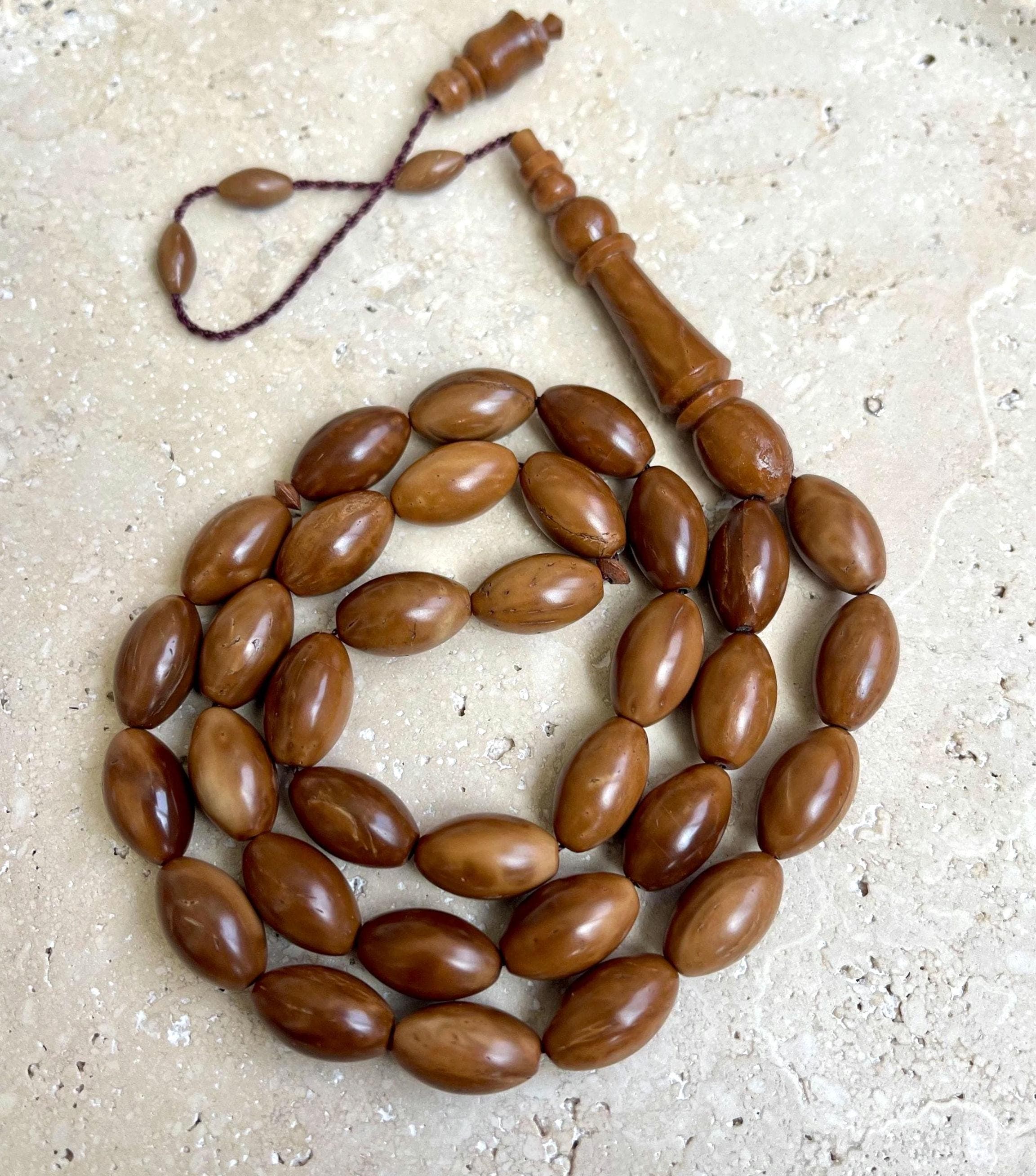 Hand-Carved Kuka Wood Prayer Beads: Islamic Tasbih 33, 9x15mm